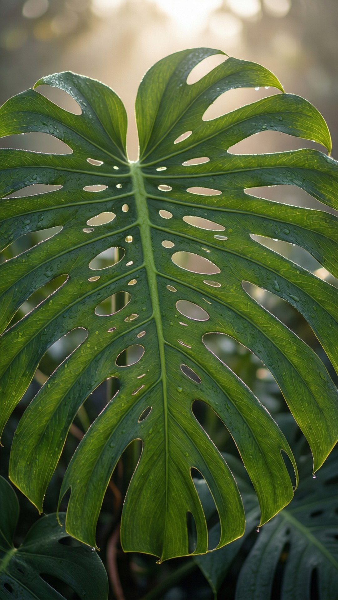 Monstera, morning dew, large green monstera leaf, Full HD Phone Wallpaper