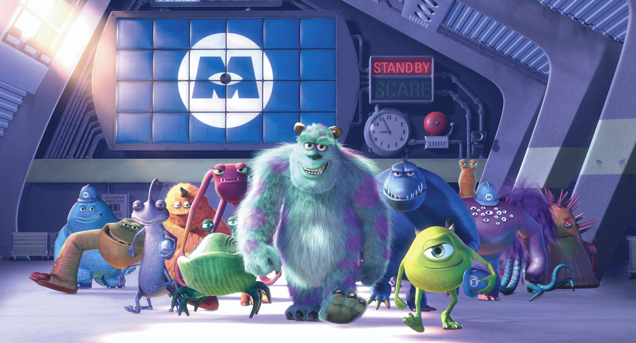 Monsters Inc, glowing blue walls, M logo, Full HD Desktop Wallpaper