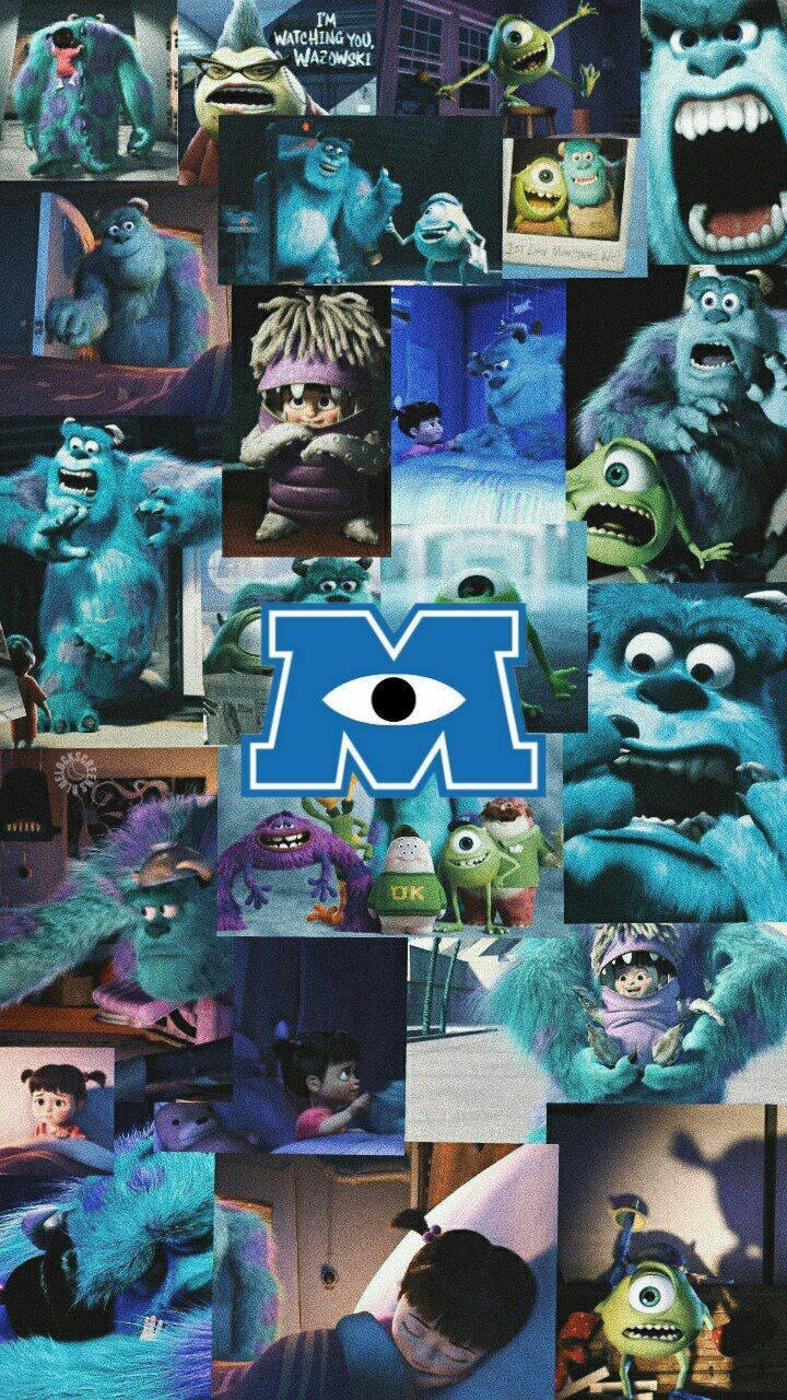 Monsters Inc, blue eye logo, collage, HD Phone Wallpaper