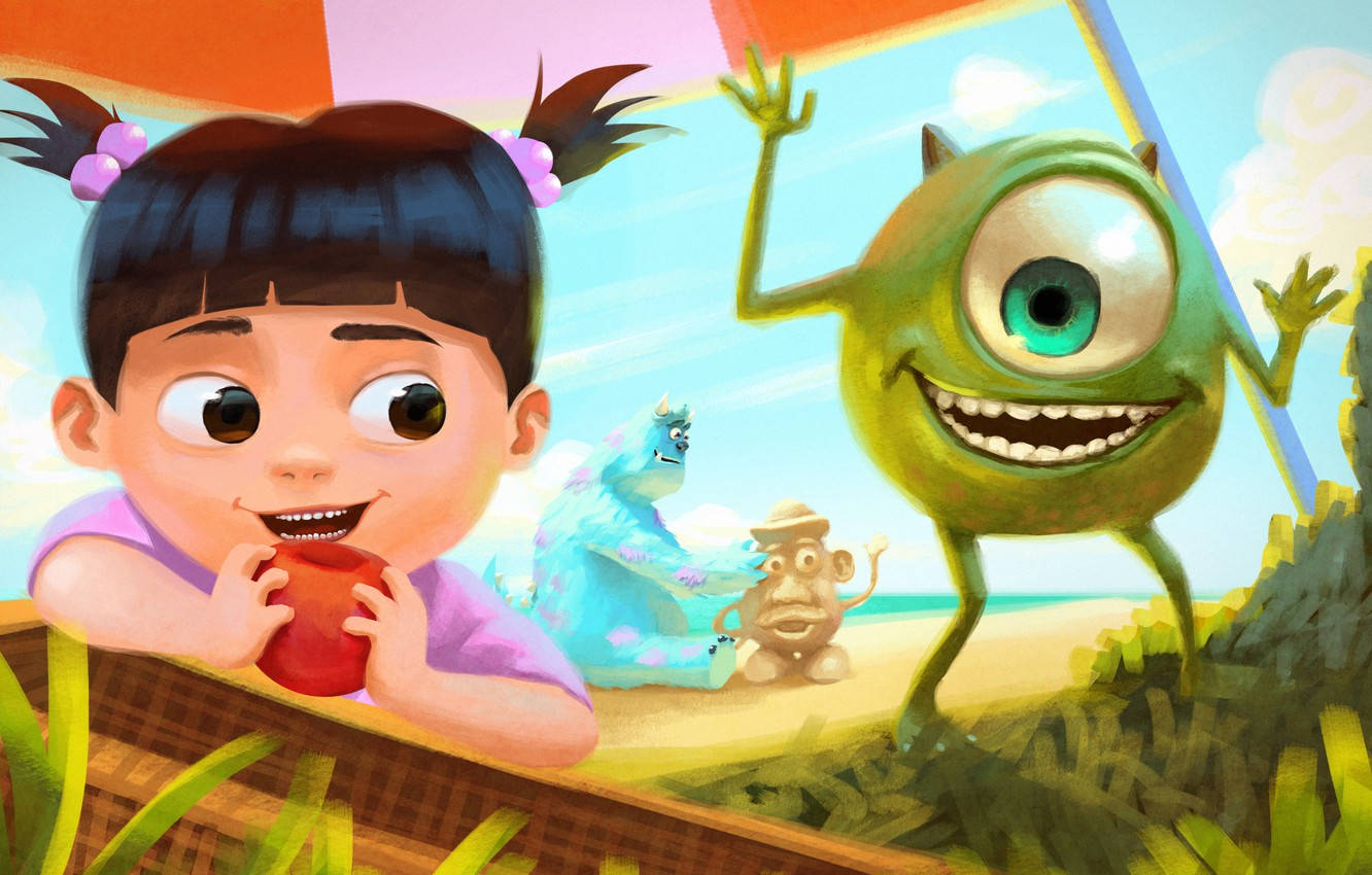 Monsters Inc, beach, one-eyed green monster, HD Desktop Wallpaper