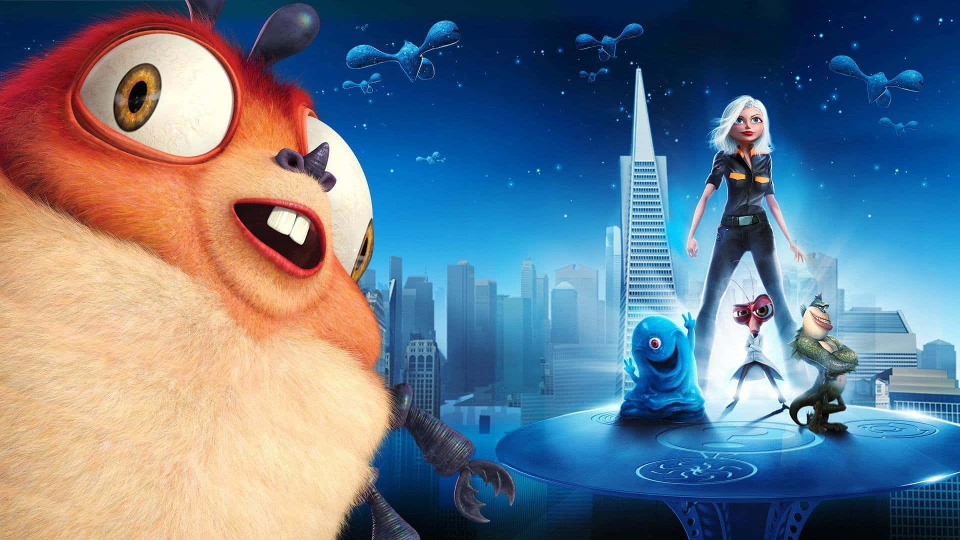 Monsters Vs Aliens, giant furry orange monster, small aliens, Full HD Desktop Wallpaper