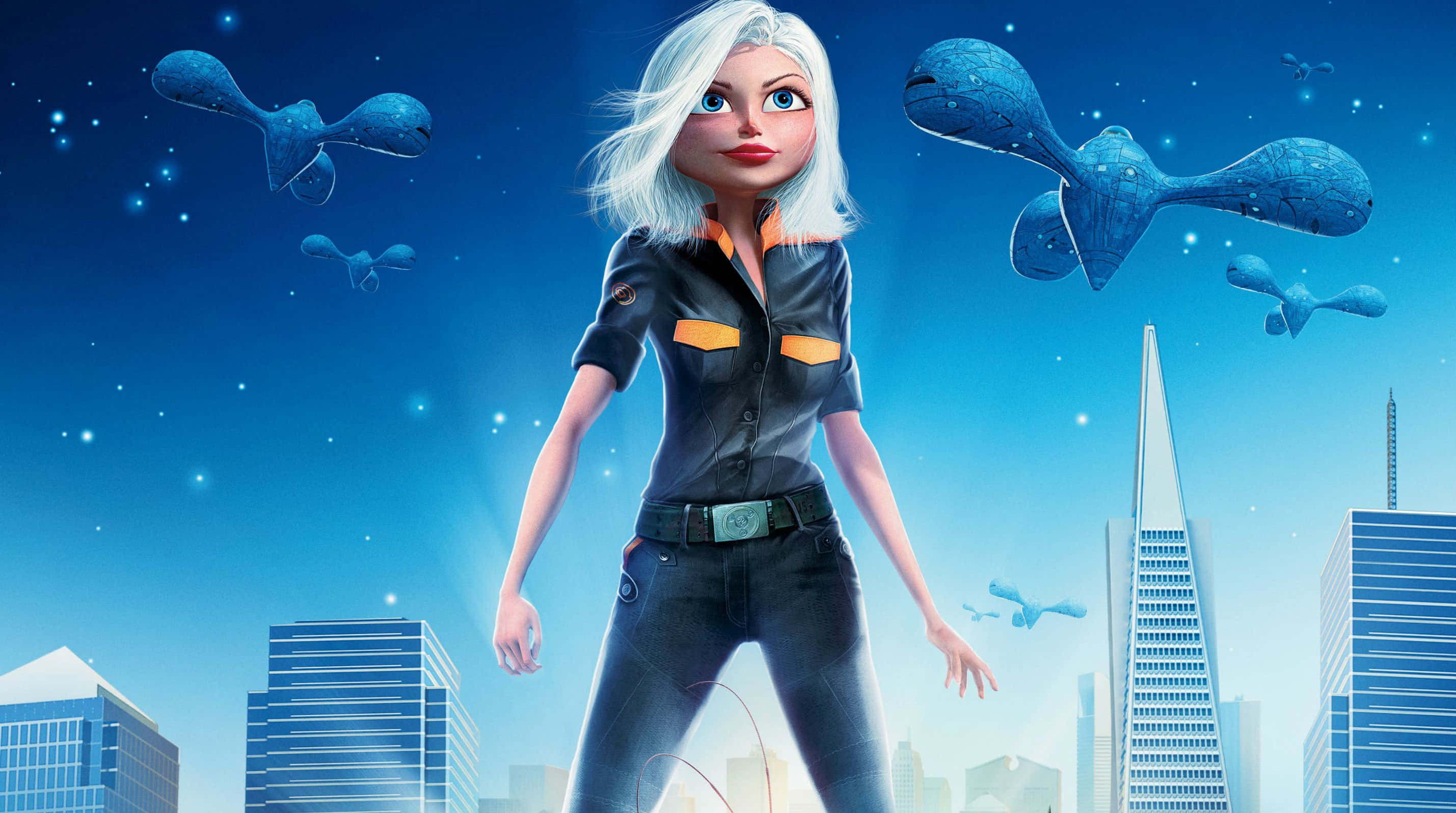 Monsters Vs Aliens, blue spaceships, futuristic cityscape, 2K Desktop Wallpaper