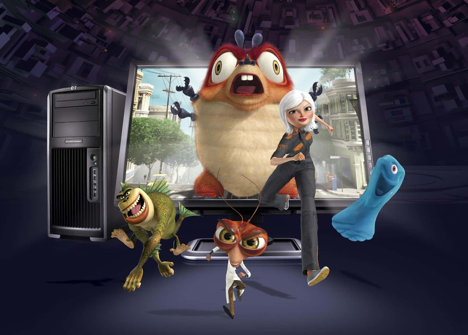 Monsters vs Aliens, animated characters, computer monitor, HD Desktop Wallpaper