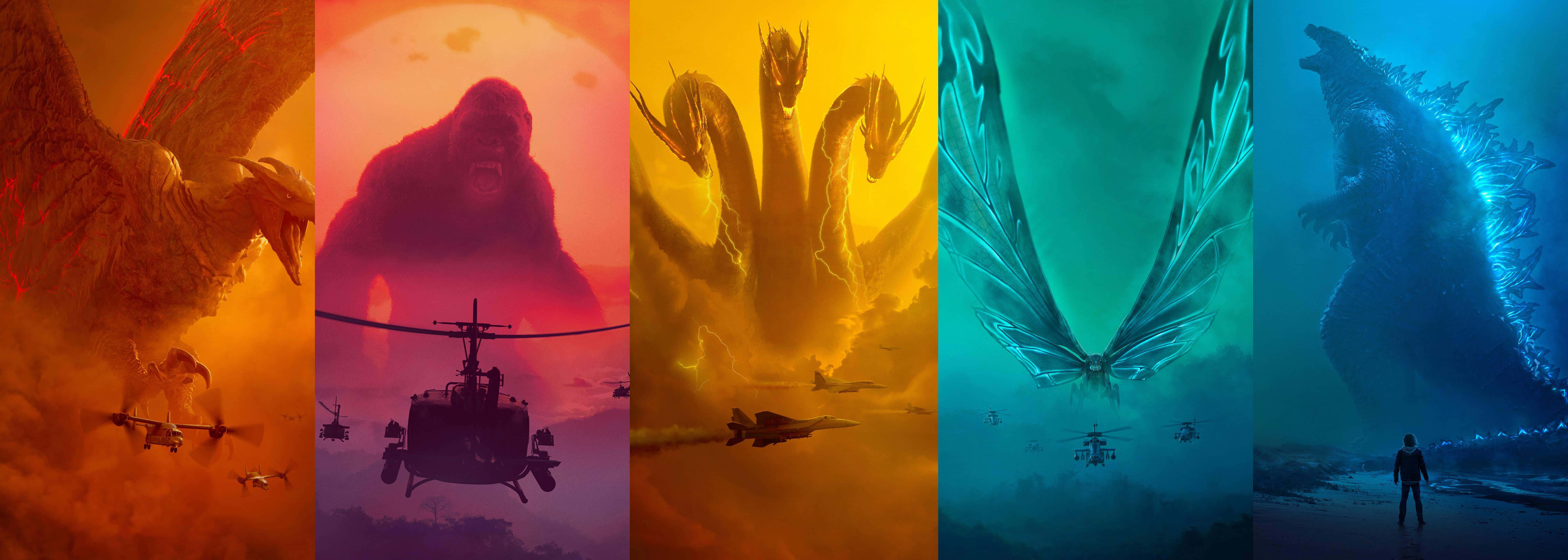 Monsterverse, colossal monsters, vibrant colored panels, 5K Desktop Wallpaper