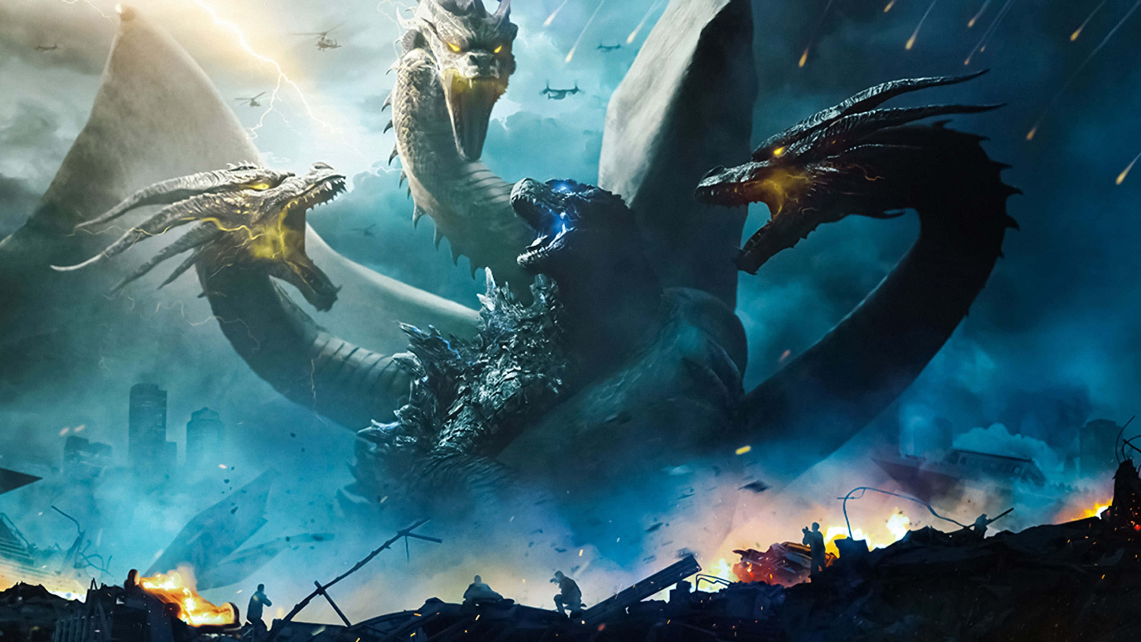 Monsterverse, three-headed dragon godzilla, burning cityscape, 4K Desktop Wallpaper