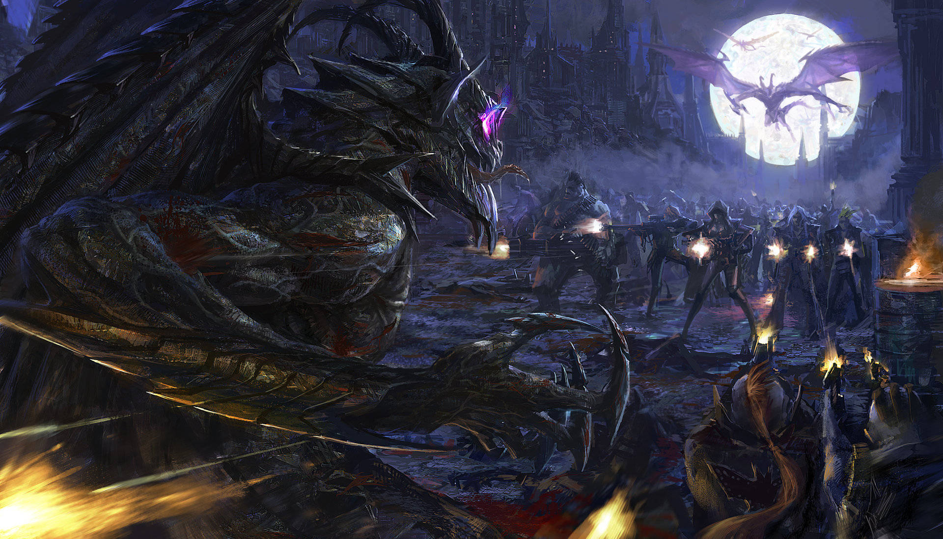 colossal dark dragon, glowing purple eyes, armored warriors, Full HD Desktop Wallpaper