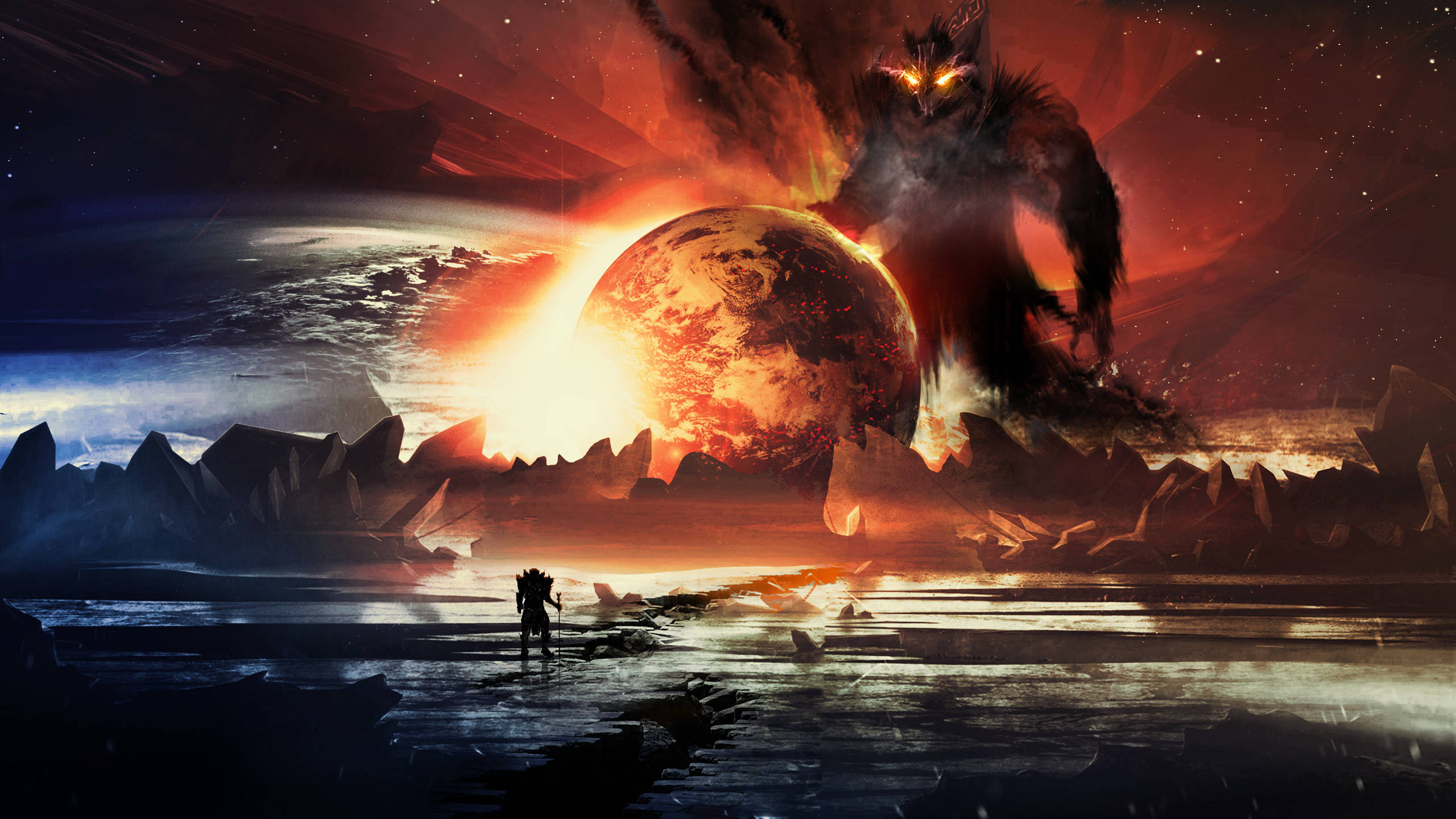 Monsterverse, colossal glowing planet, monstrous shadow, 2K Desktop Wallpaper