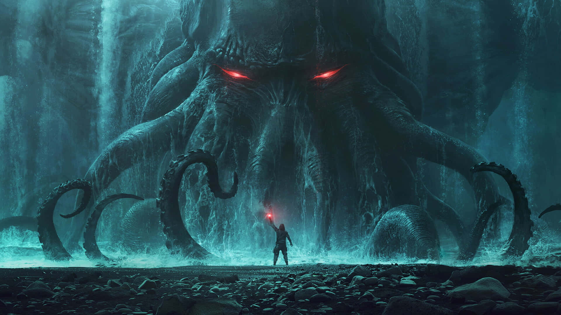 giant monster, colossal tentacled monster, glowing red eyes, Full HD Desktop Wallpaper