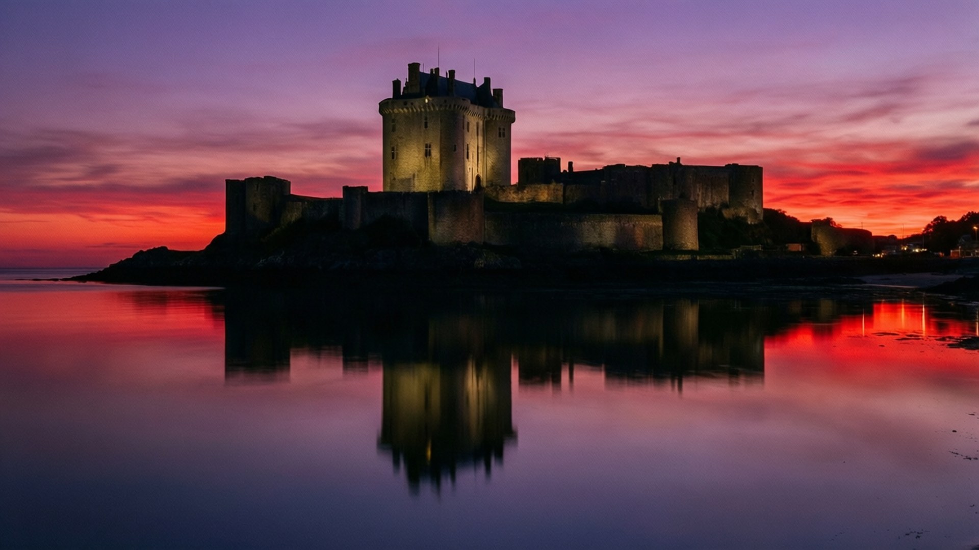 Mont Orgueil Castle, sunset, mirror of the sky, Full HD Desktop Wallpaper