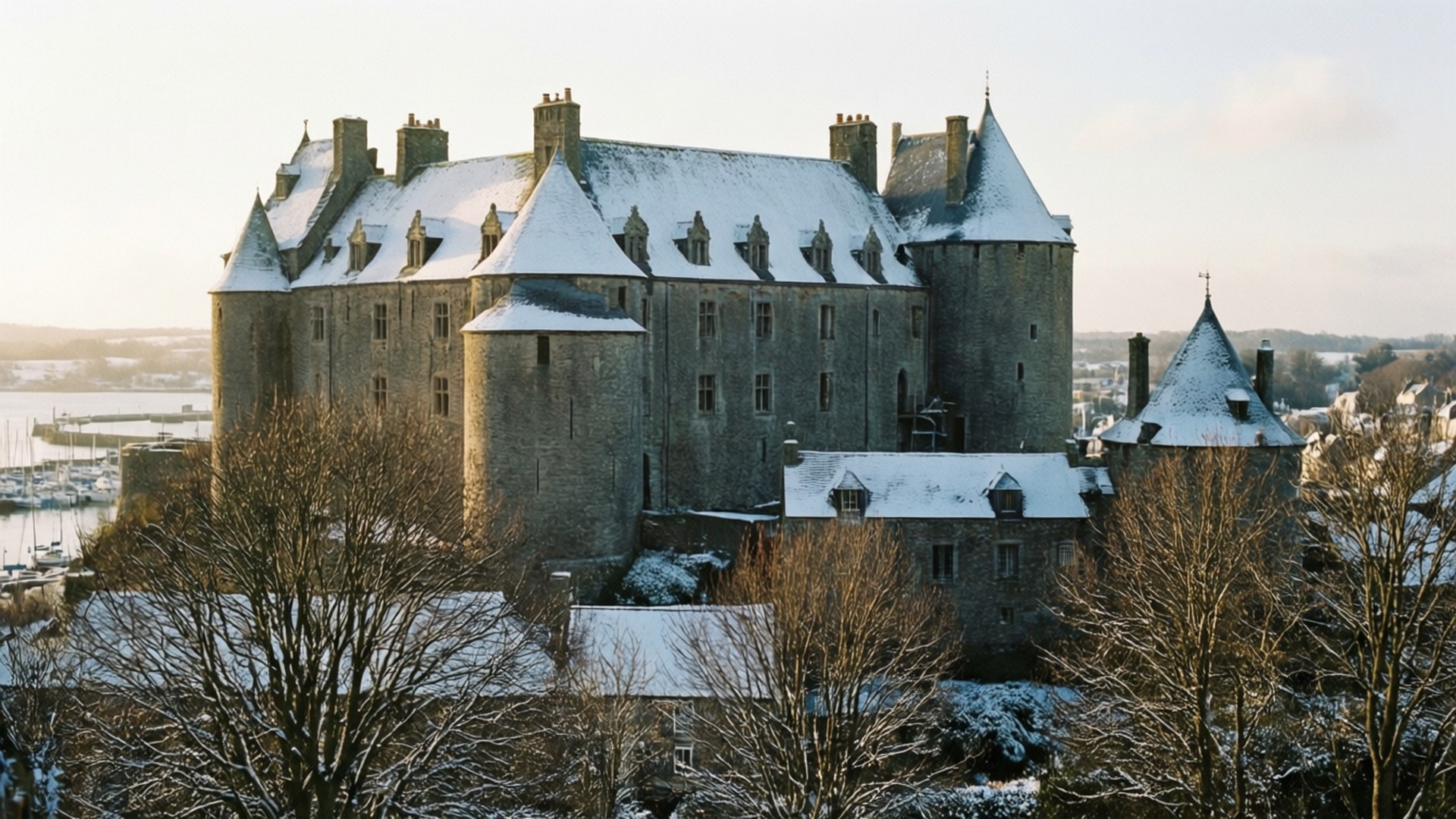 Mont Orgueil Castle, snow-covered roofs, turrets, Full HD Desktop Wallpaper