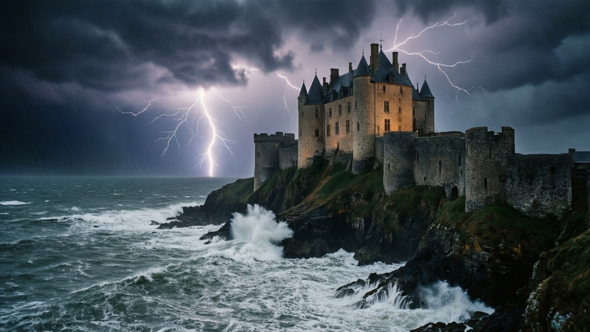Mont Orgueil Castle, stormy cliff, lightning, Full HD Desktop Wallpaper