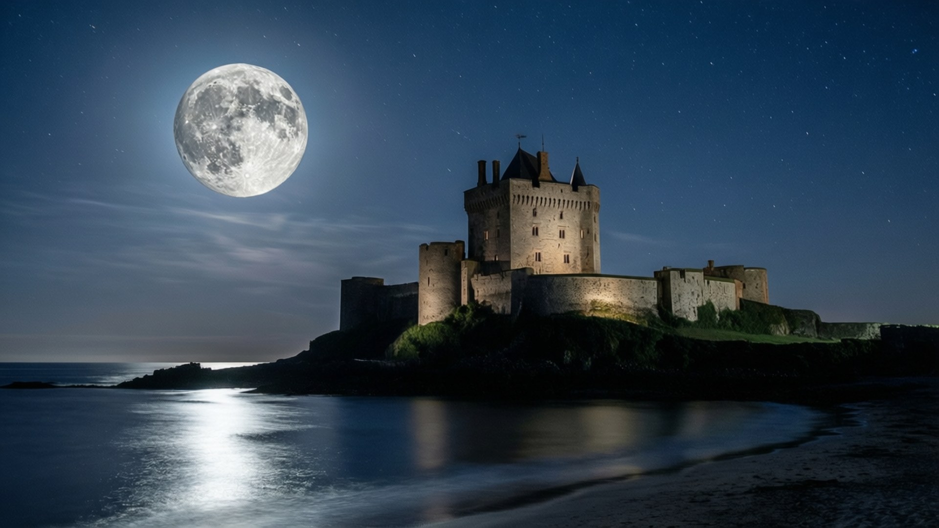 Mont Orgueil Castle, moonlight, night view, Full HD Desktop Wallpaper