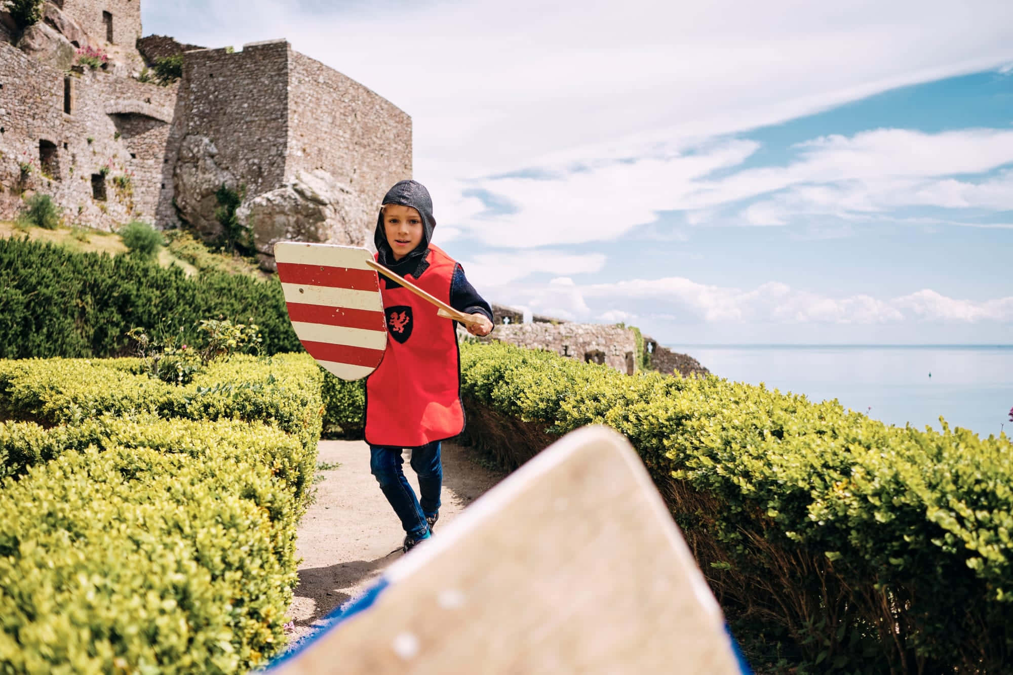 Mont Orgueil Castle, dusk, red knight costume, Full HD Desktop Wallpaper