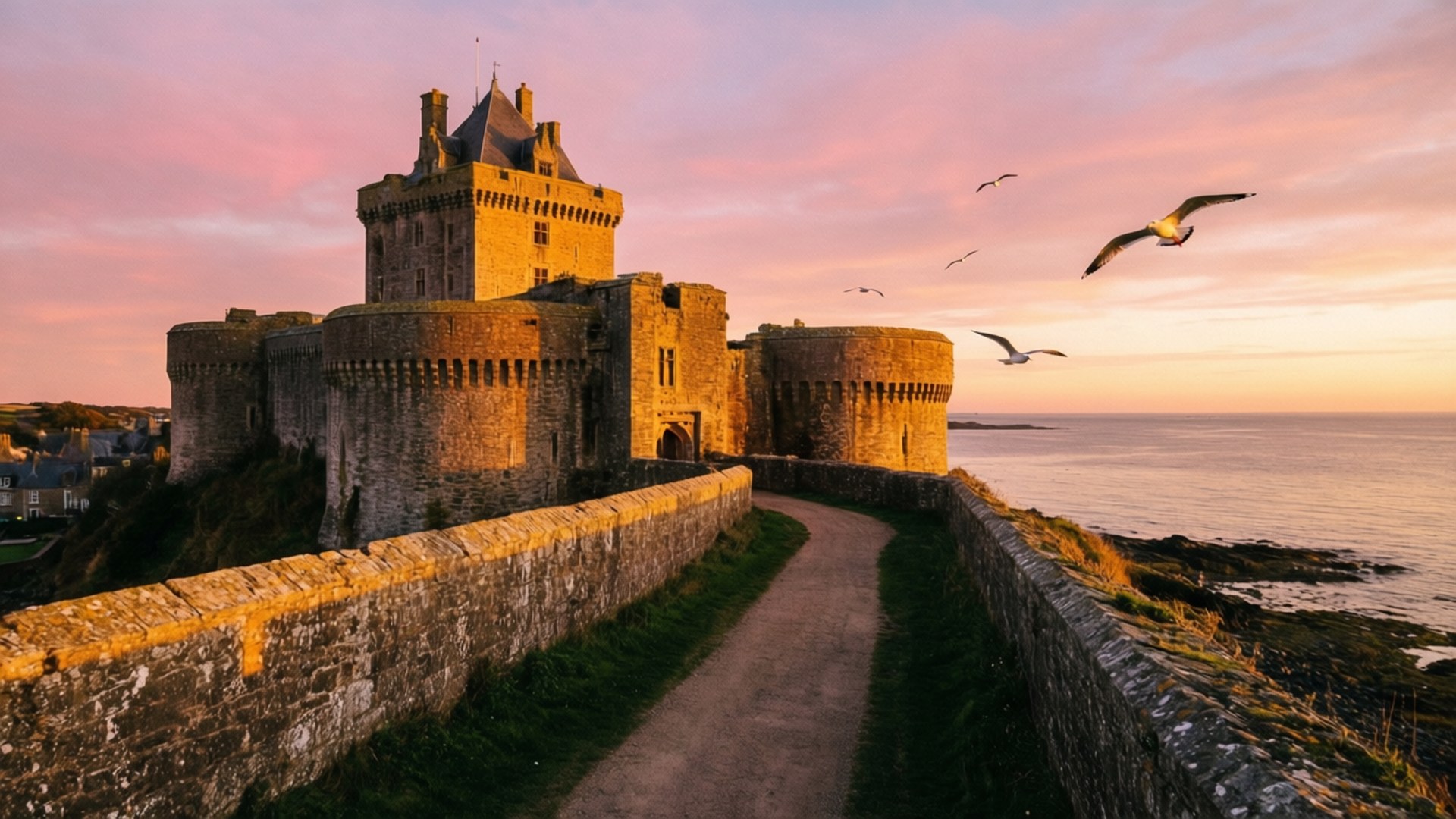 Mont Orgueil Castle, Golden Dawn, sunrise, Full HD Desktop Wallpaper