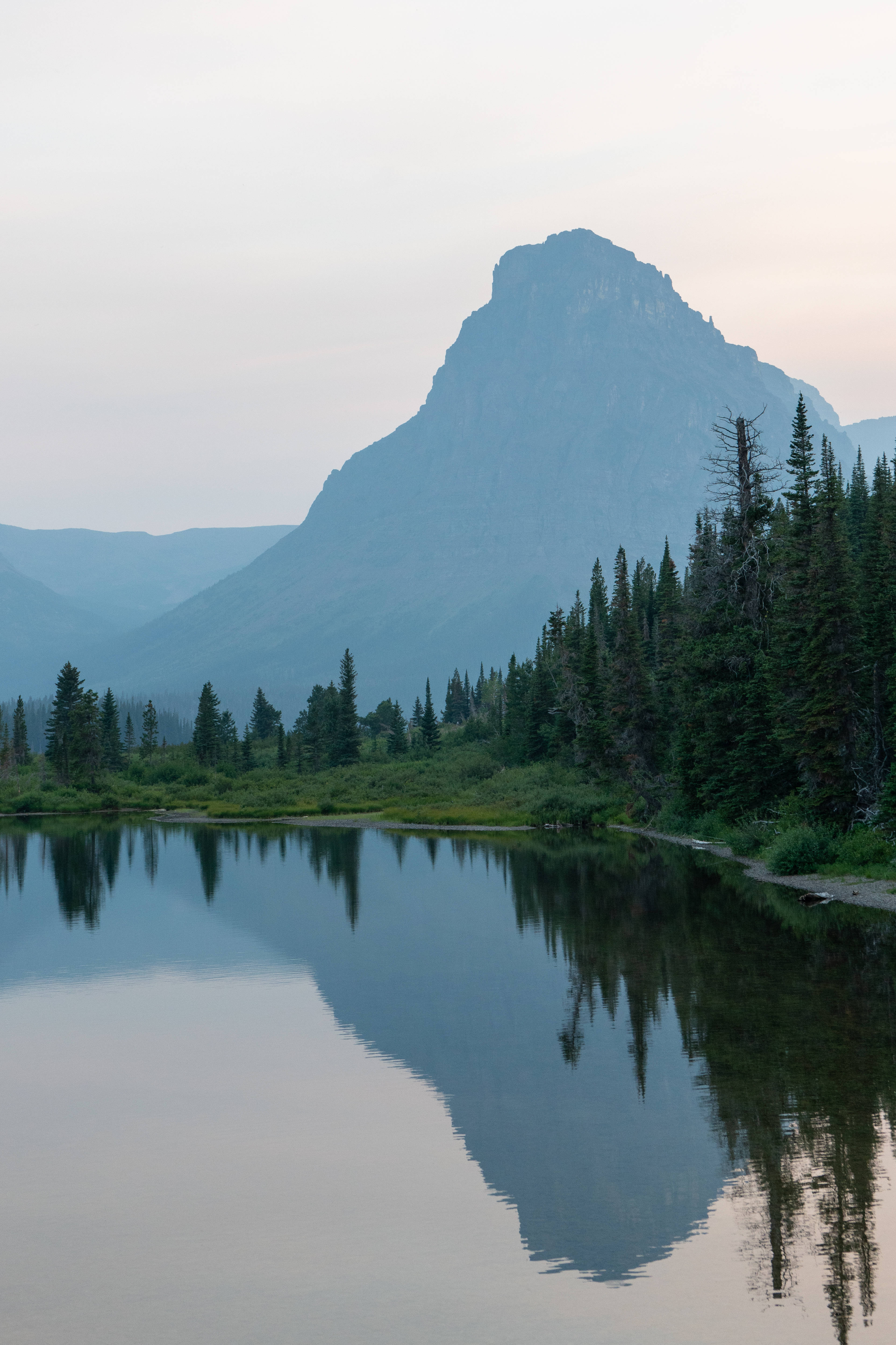 mountain peak, calm lake, dense evergreen trees, 5K Phone Wallpaper