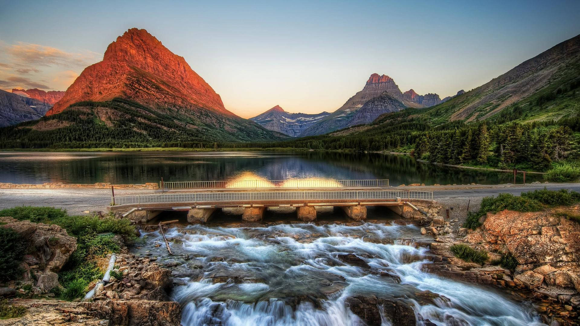 Red Montana Mountain, sunset, mountain lake, Full HD Desktop Wallpaper