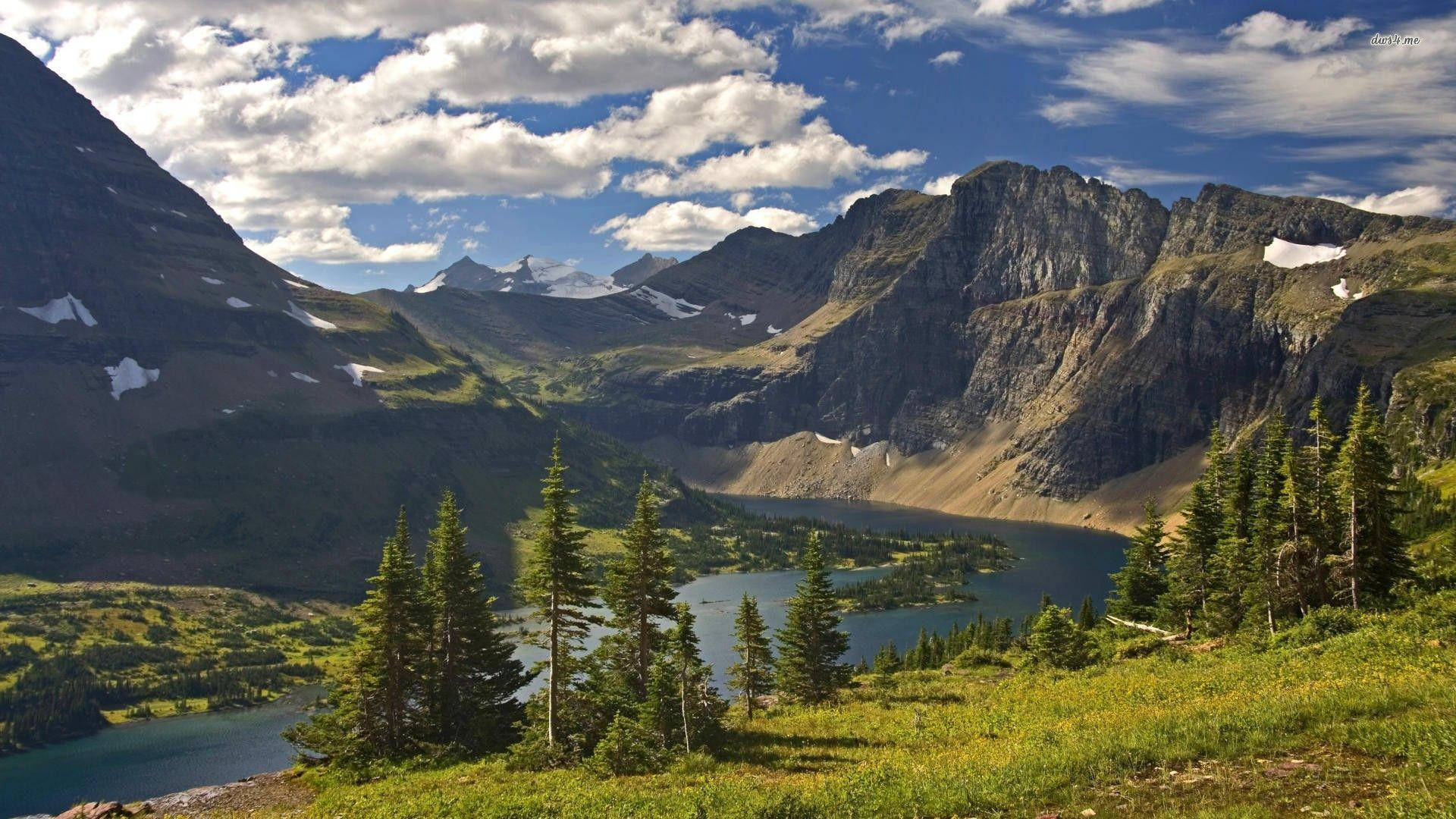 Montana, alpine lake, rugged snow-dusted mountains, Full HD Desktop Wallpaper