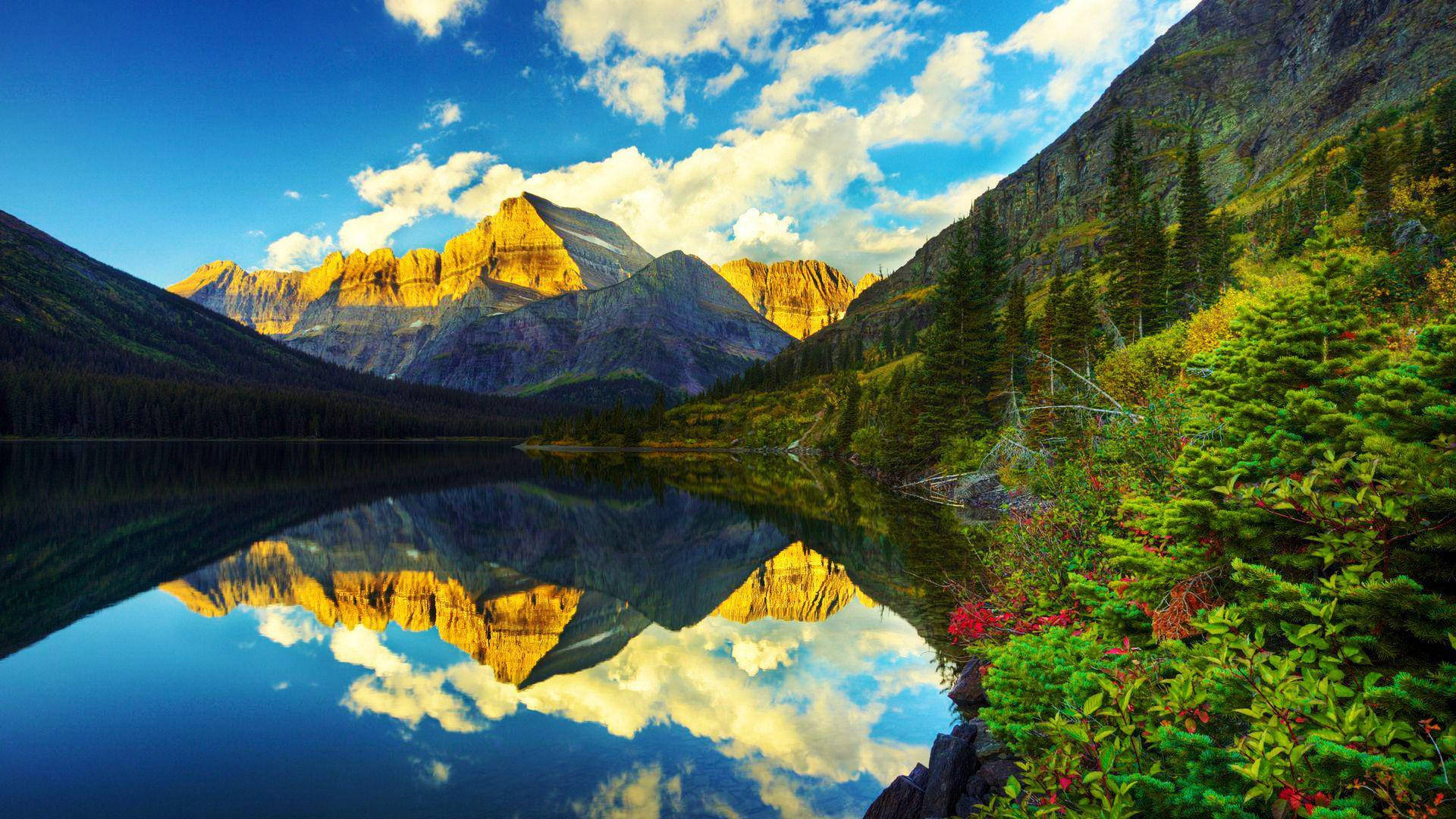 circular montana lake, mountain lake, golden peaks, Full HD Desktop Wallpaper
