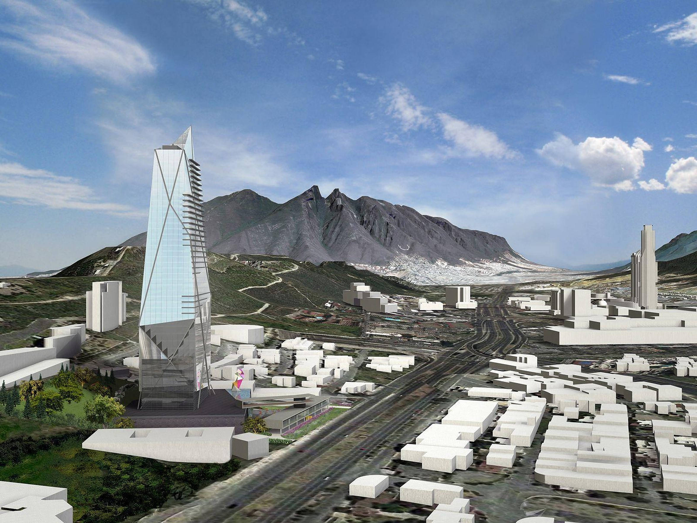 Monterrey, glass skyscraper, rugged mountains, Full HD Desktop Wallpaper
