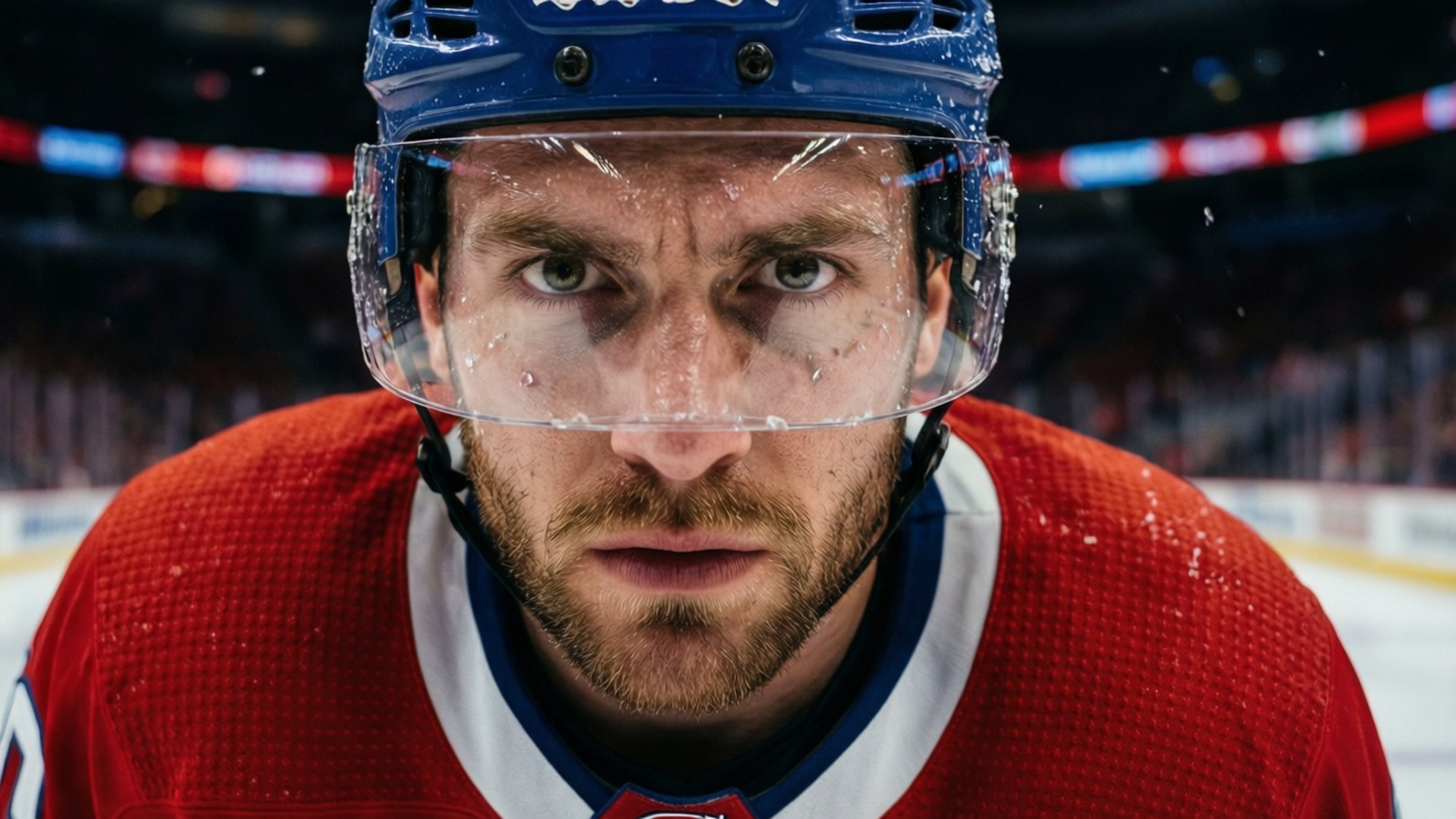 Montreal Canadiens, red jersey, blue helmet, Full HD Desktop Wallpaper