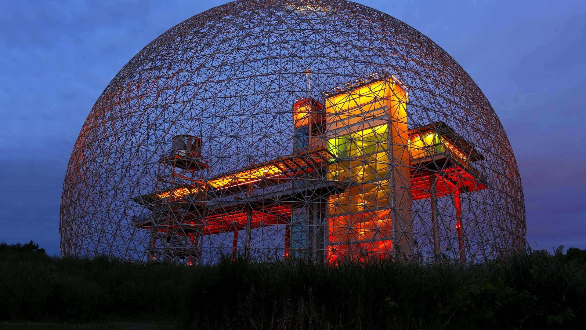 geodesic dome, twilight sky, warm interior lights, Full HD Desktop Wallpaper