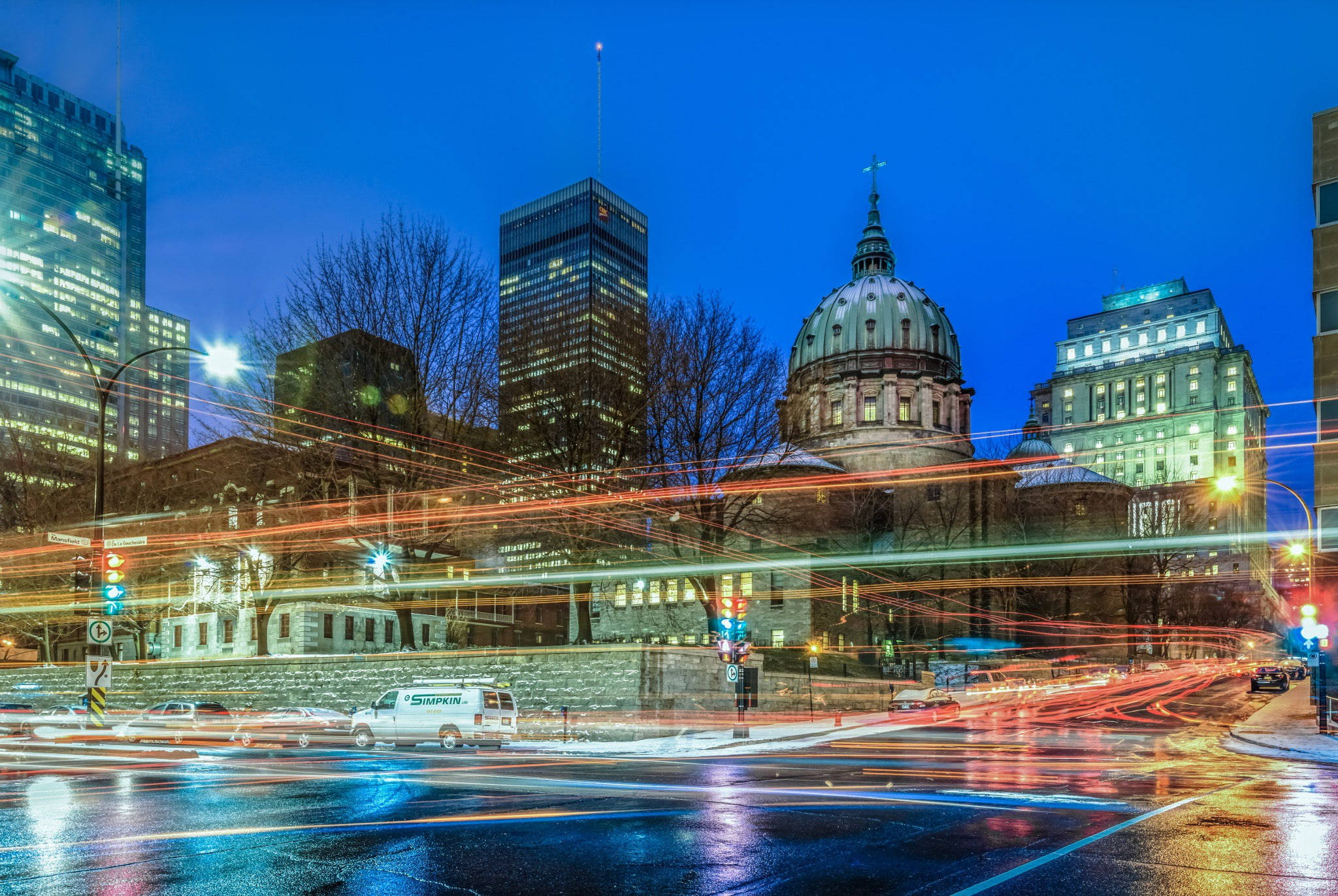 Montreal, dusk, wet street, Full HD Desktop Wallpaper