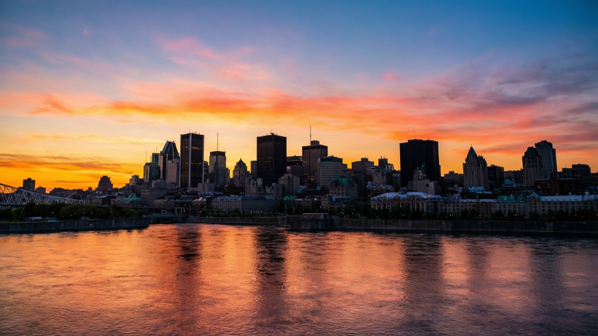 Golden Hour Montreal, sunset, orange pink and blue clouds, Full HD Desktop Wallpaper