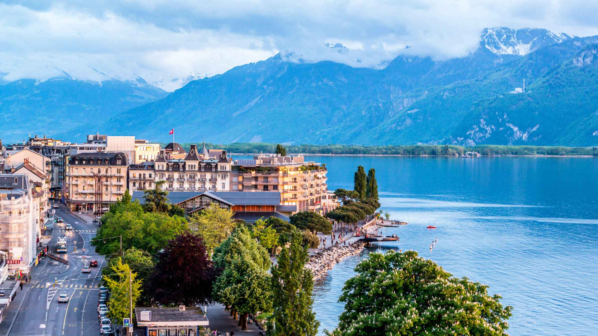 Montreux, lakeside, lush green trees, Full HD Desktop Wallpaper