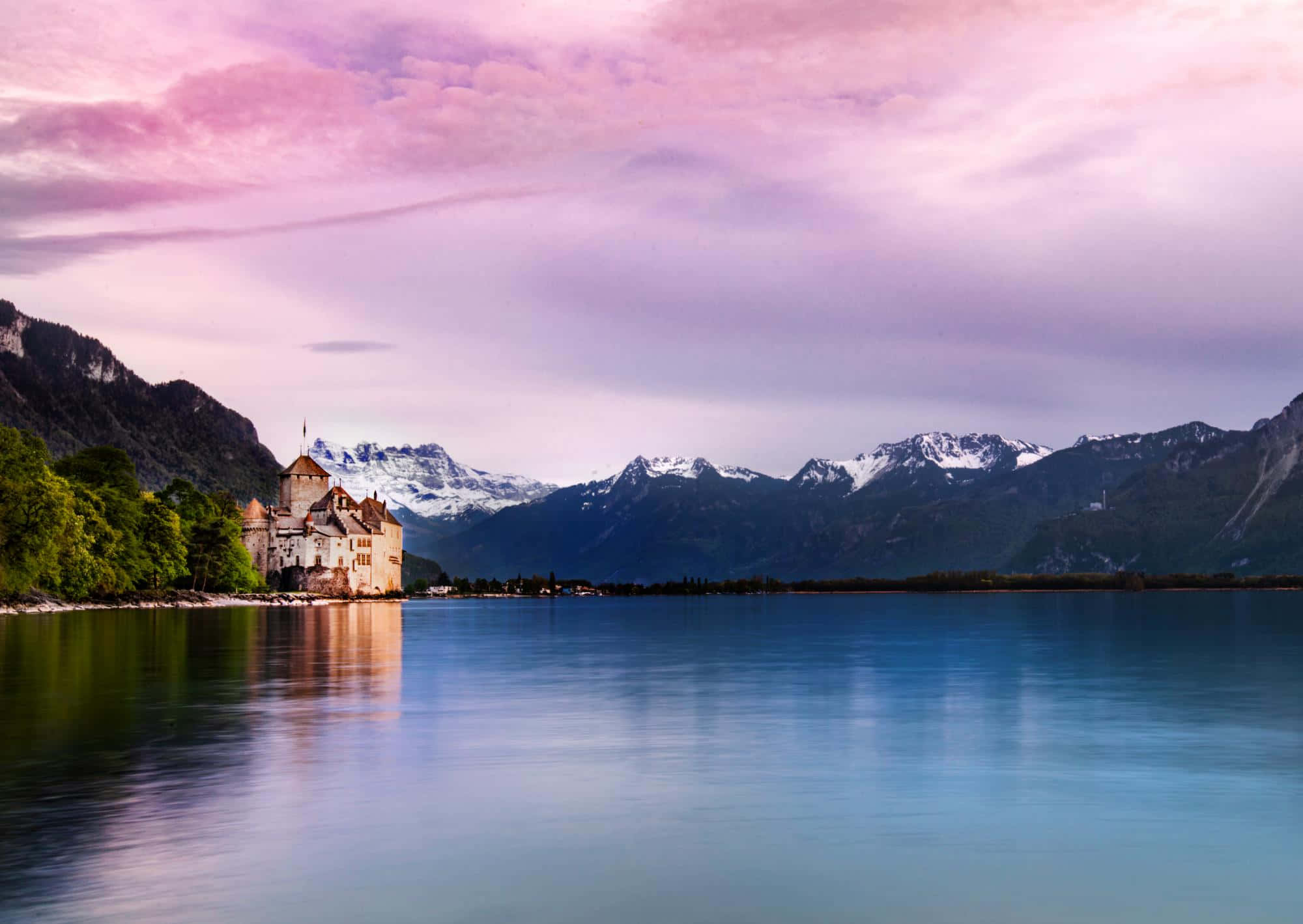 Montreux, castle, calm lake, Full HD Desktop Wallpaper