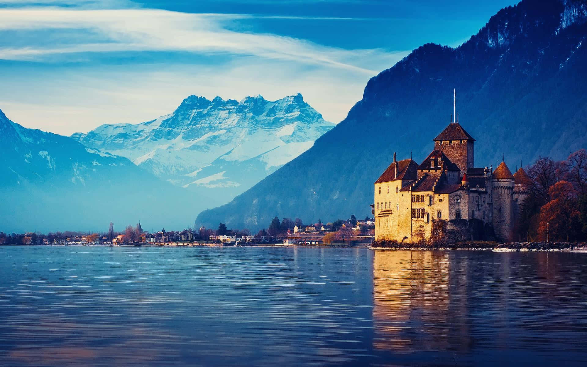 Montreux, medieval castle, lakeshore, Full HD Desktop Wallpaper