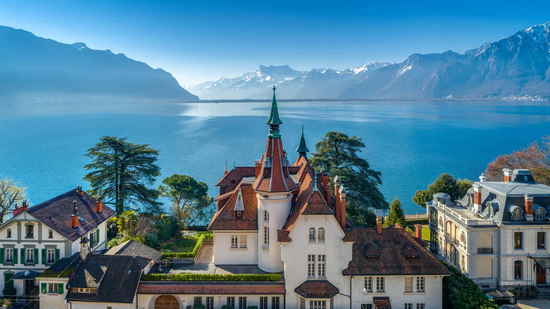 Montreux, riverside, white castle, Full HD Desktop Wallpaper