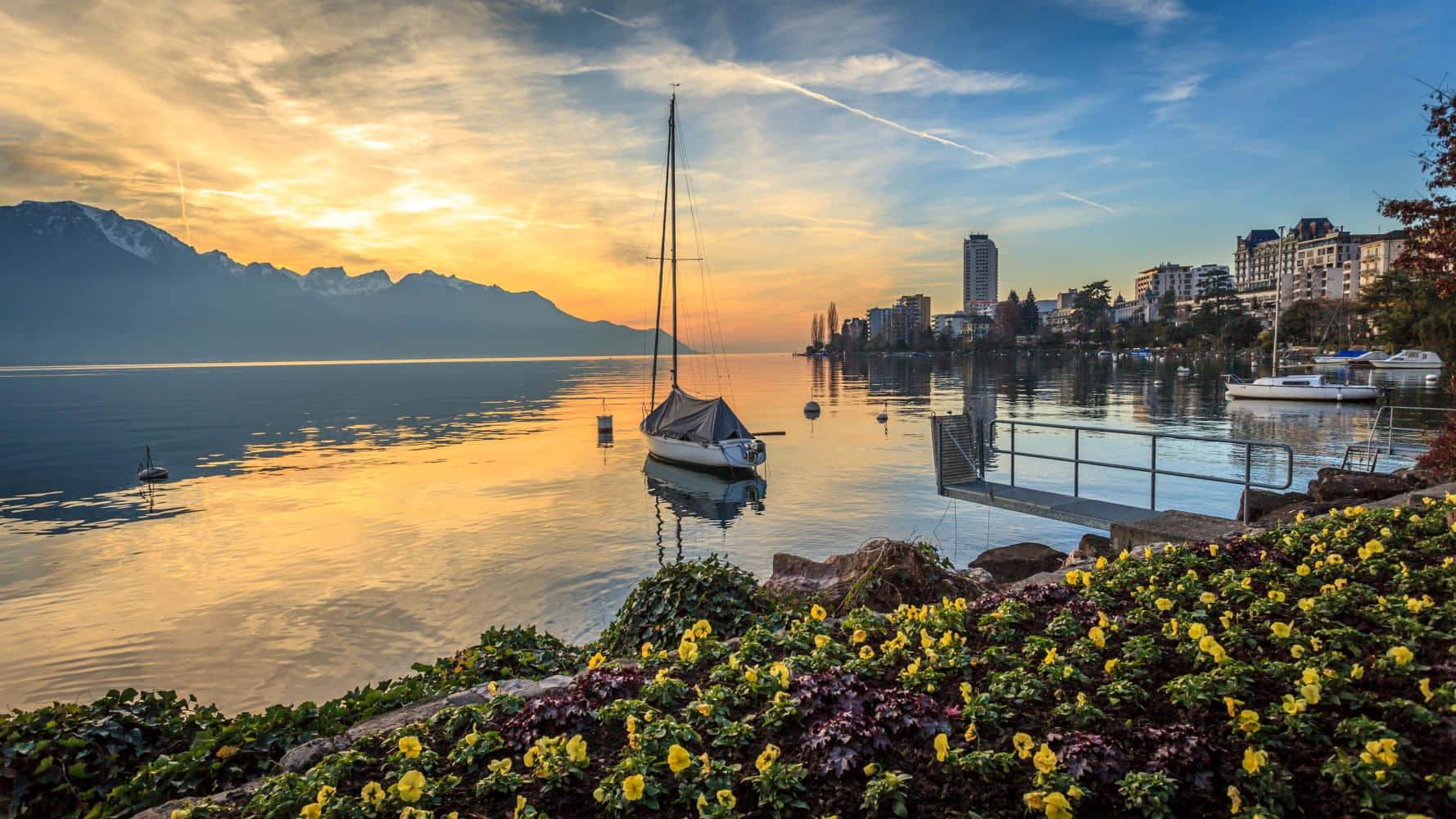 Montreux, lakeside, sailboat, HD Desktop Wallpaper