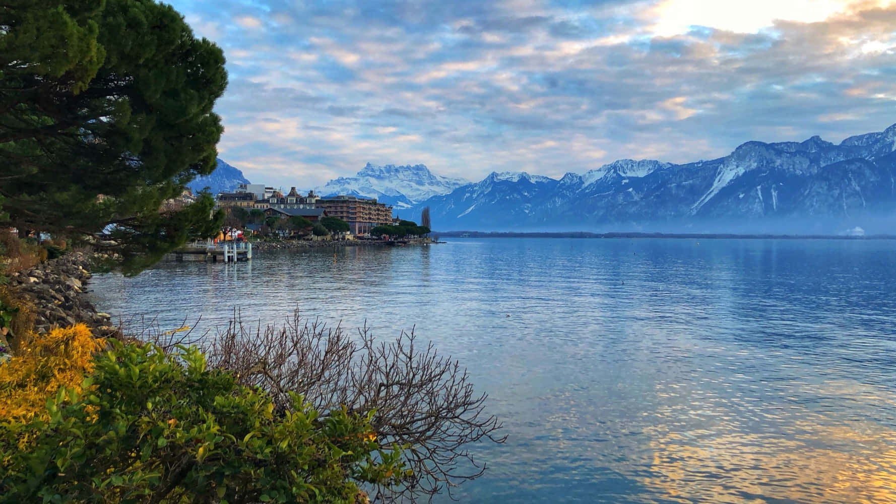 Montreux, lakeside, snow-capped mountains, HD Desktop Wallpaper