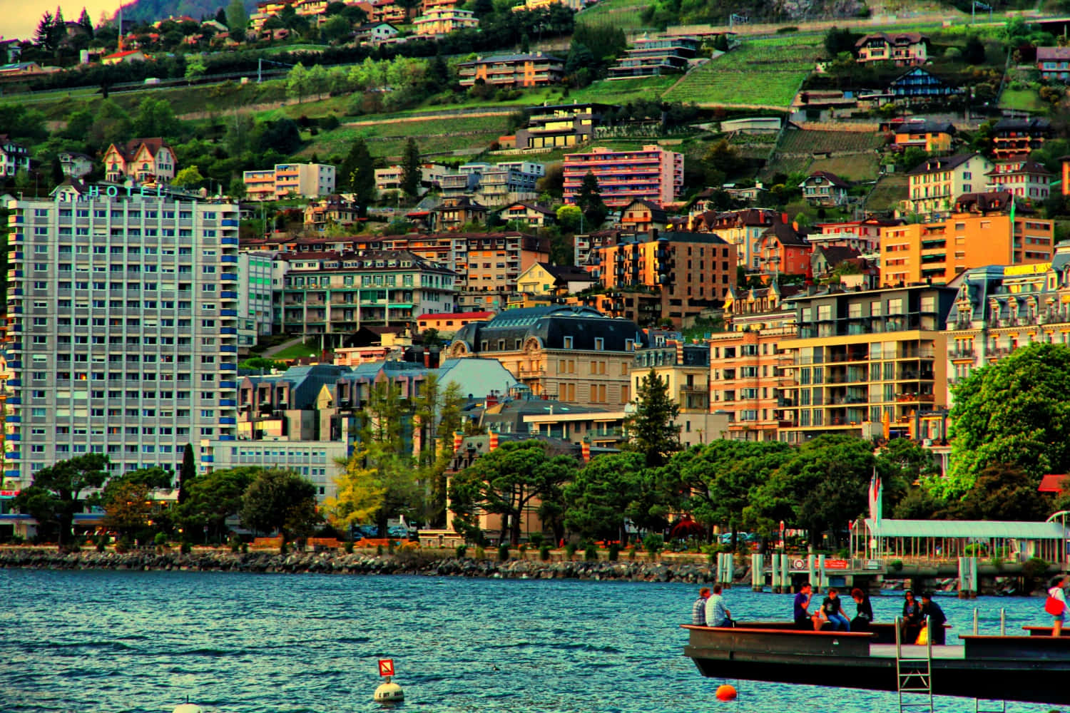 Montreux, lakeside panorama, colorful buildings, HD Desktop Wallpaper