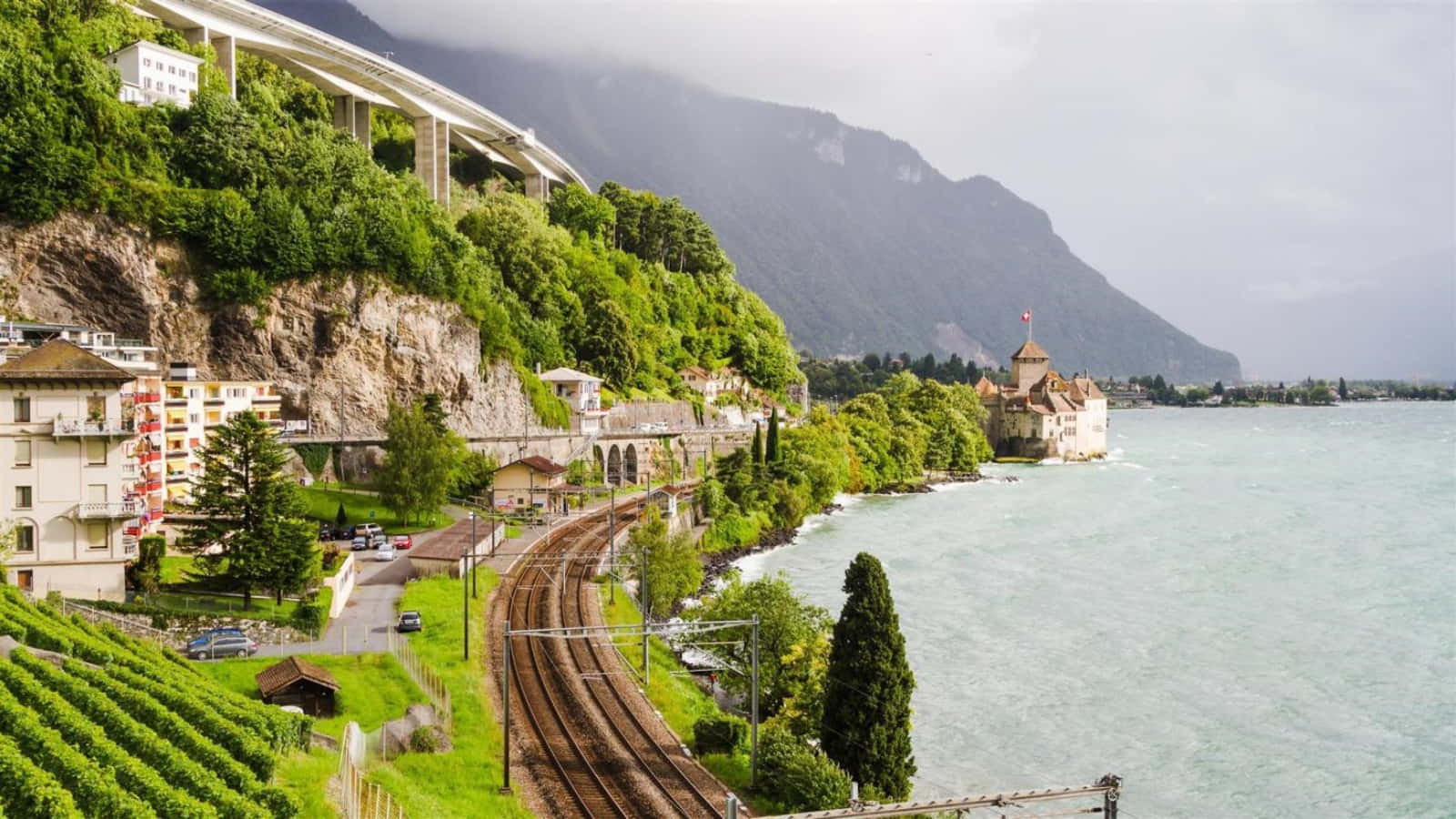 Montreux, lakeside scenery, railway, HD Desktop Wallpaper