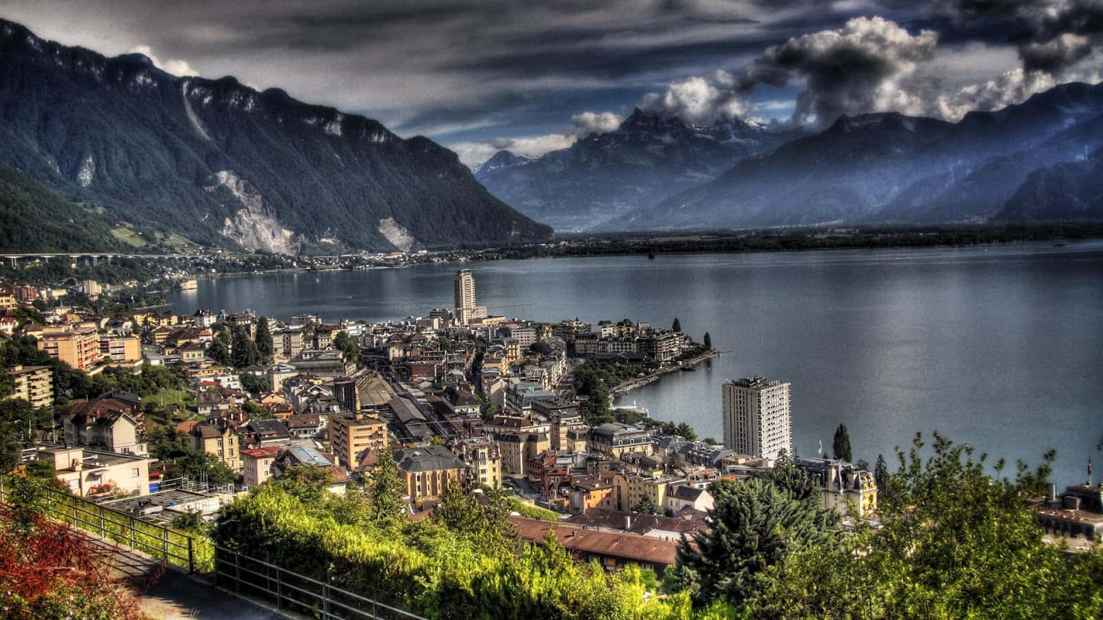 Montreux, lakeside, mountains, HD Desktop Wallpaper