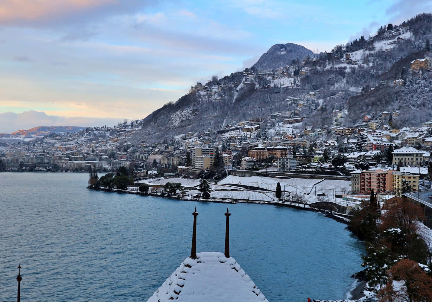 Montreux, lakeside, snow, HD Desktop Wallpaper