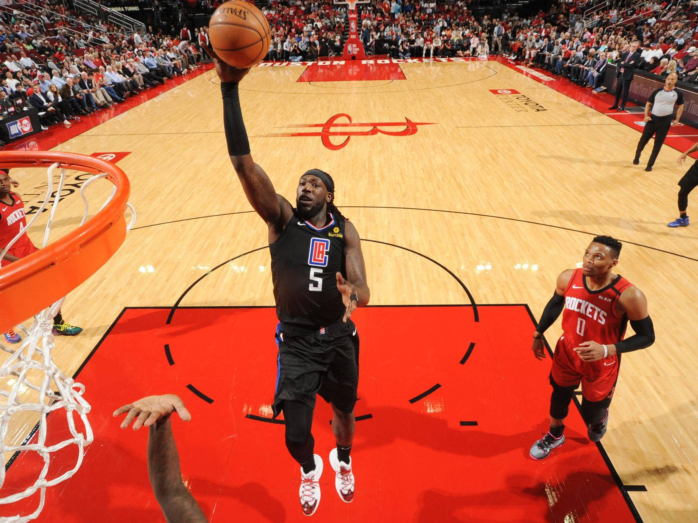 Montrezl Harrell, black Clippers jersey, leaps toward the hoop, HD Desktop Wallpaper