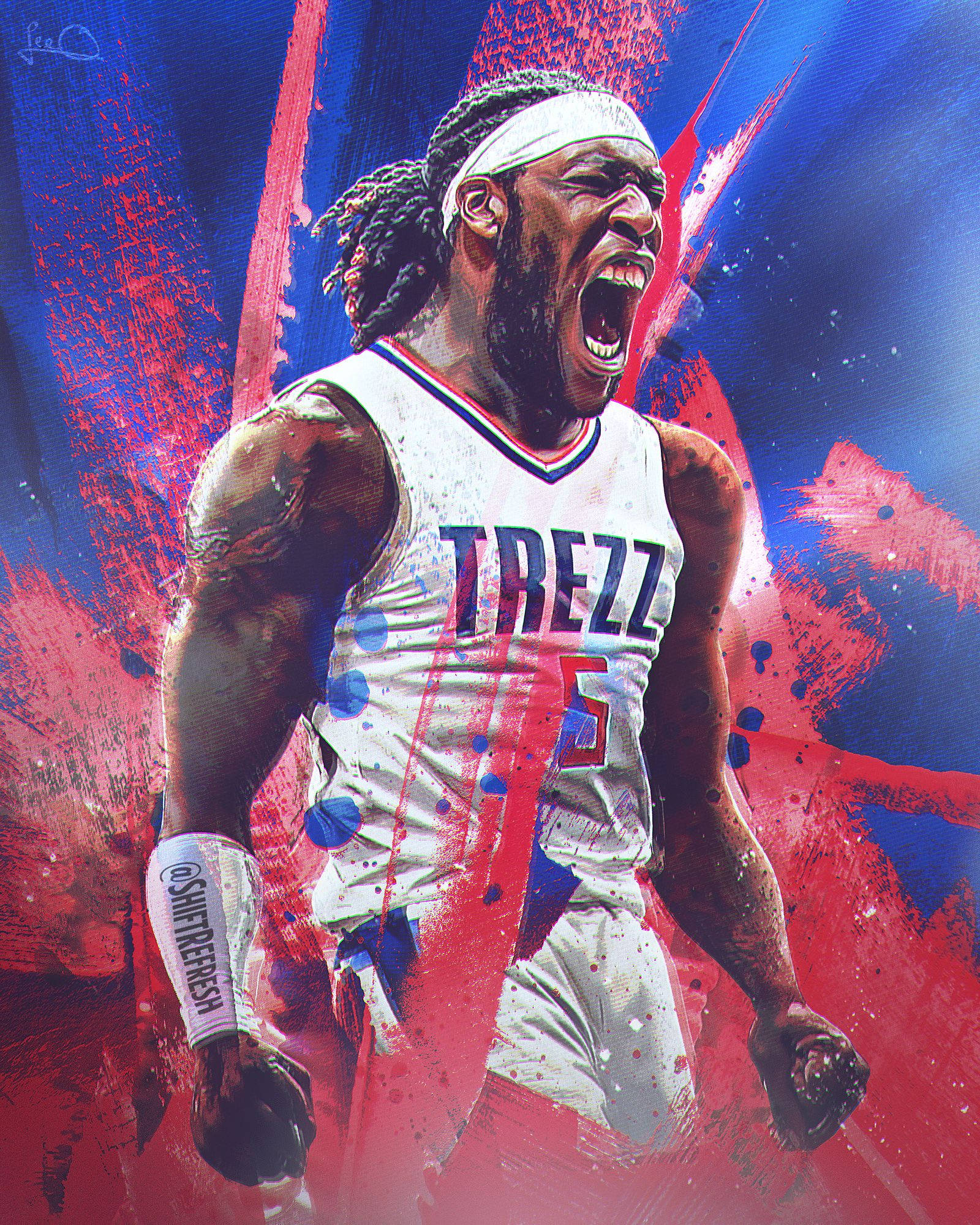 Montrezl Harrell, white jersey, red and blue paint splatters, Full HD Phone Wallpaper