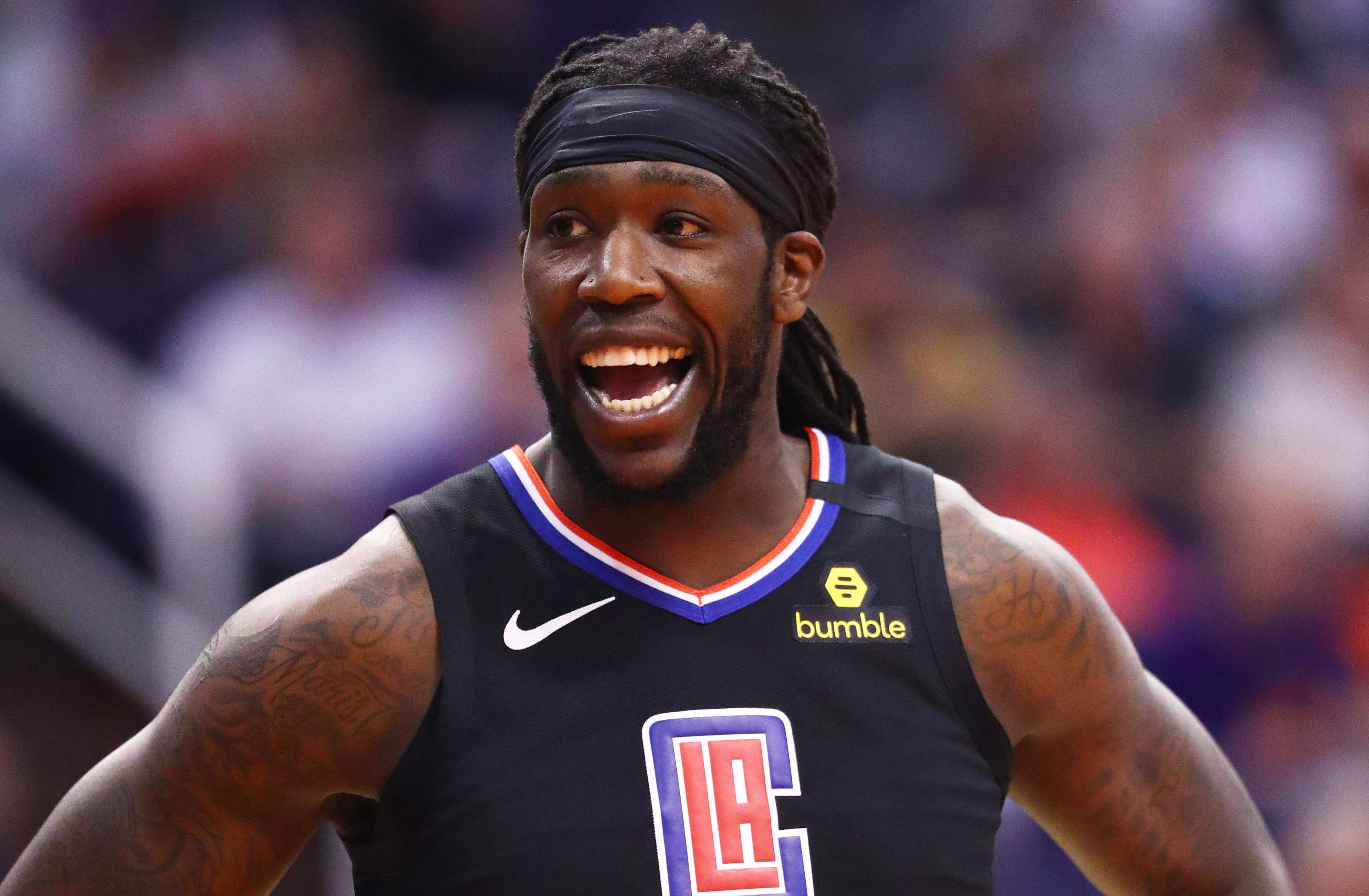 Montrezl Harrell, black LA Clippers jersey, tattoos on arms, 2K Desktop Wallpaper