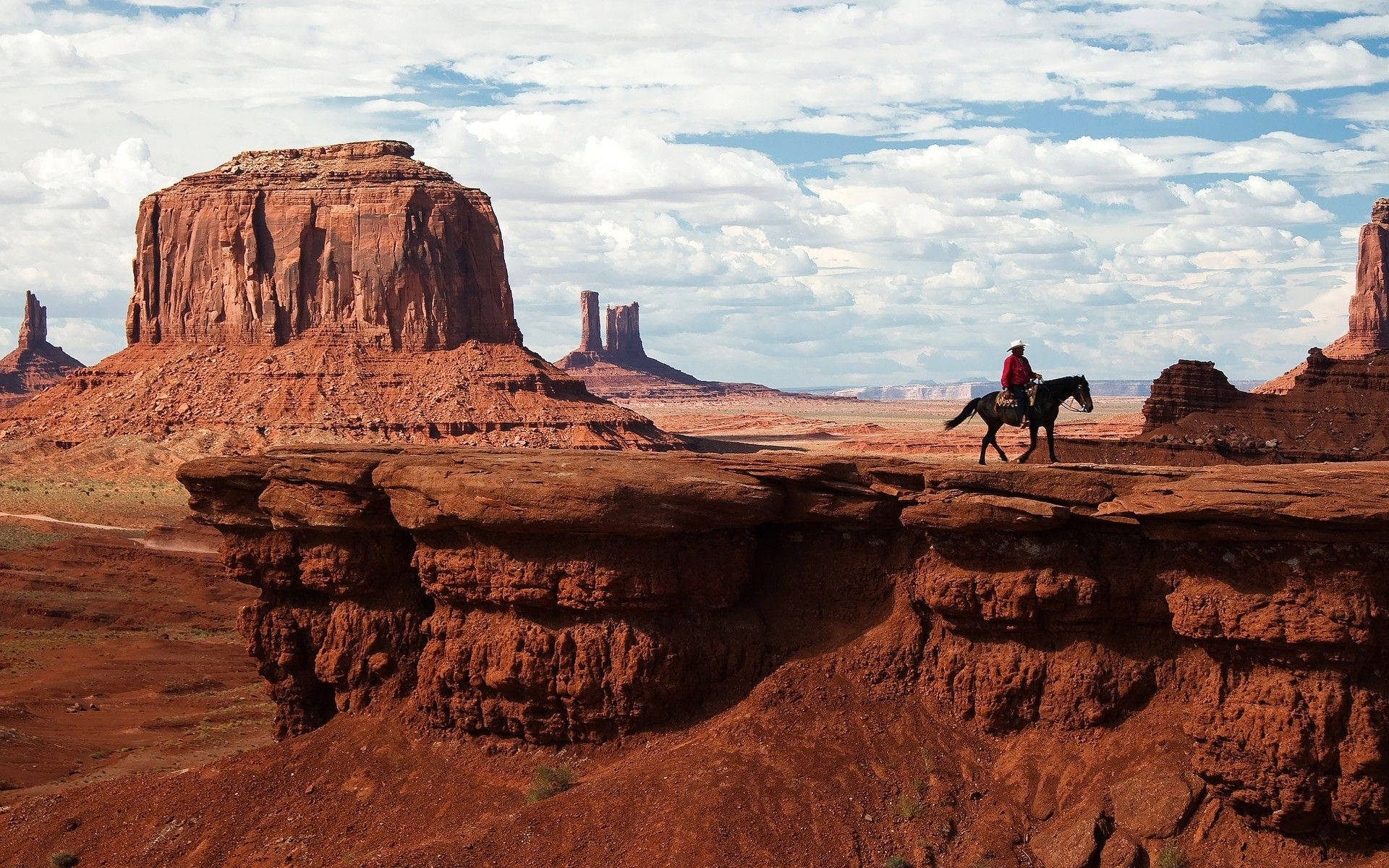 cowboy, black horse, rugged red rock plateau, Full HD Desktop Wallpaper