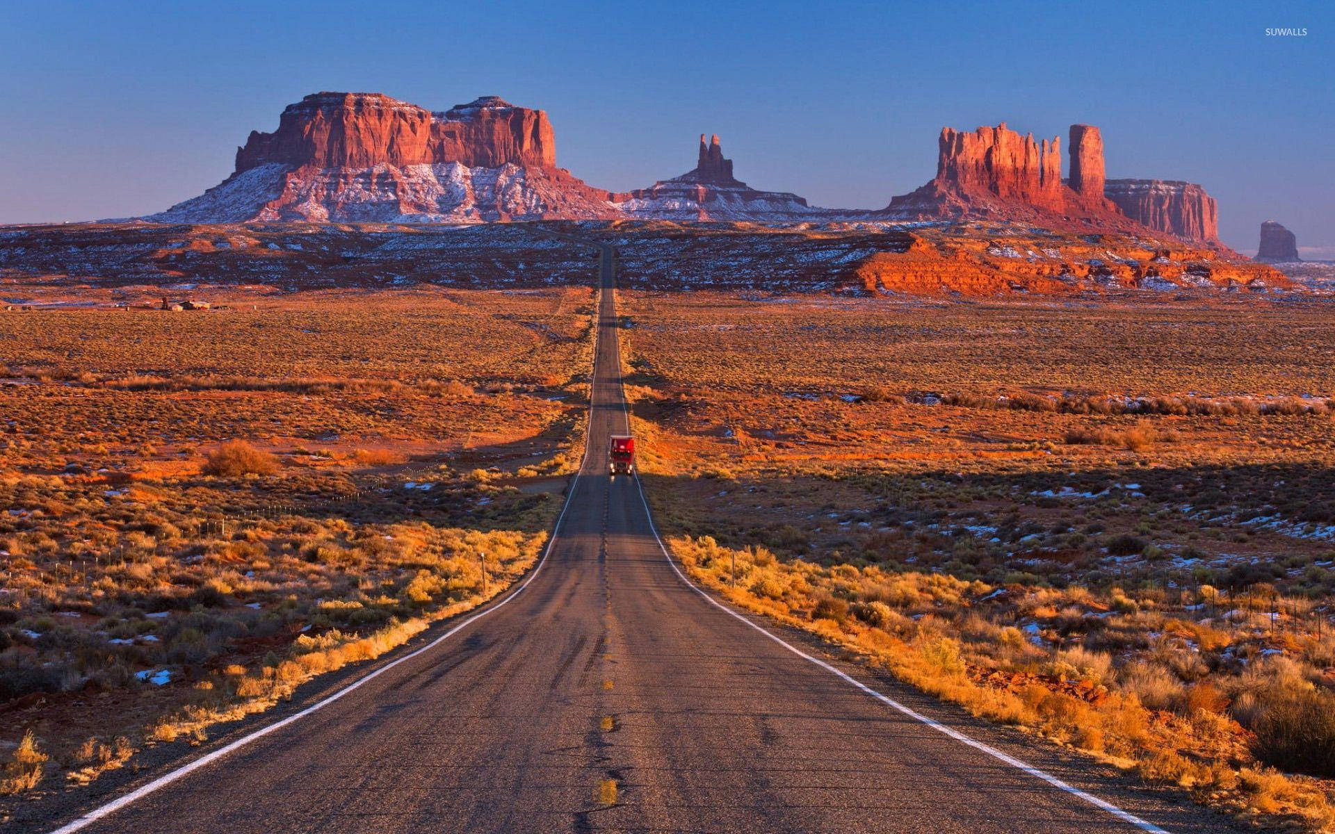 Monument Valley, red truck, desert highway, Full HD Desktop Wallpaper