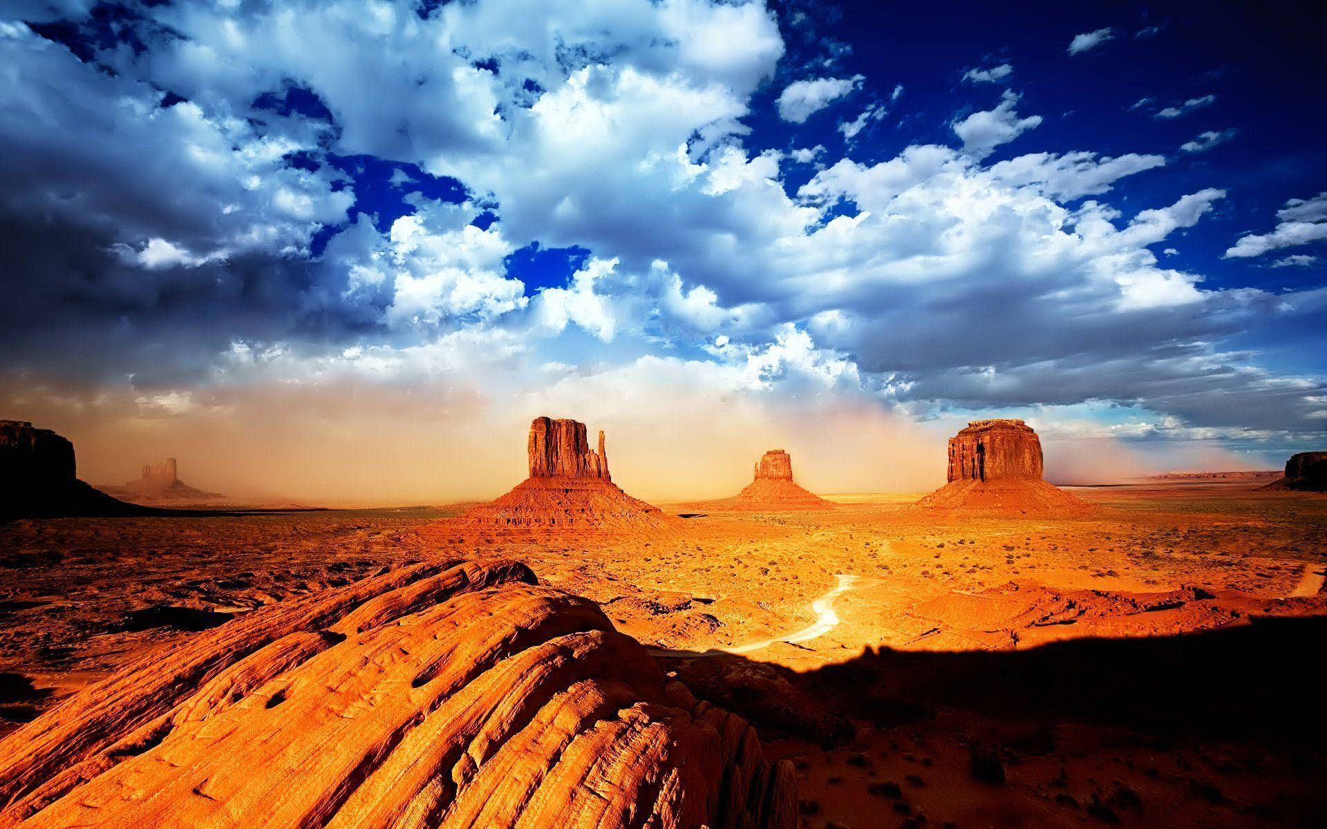 Monument Valley, red rock formations, vivid blue sky, Full HD Desktop Wallpaper