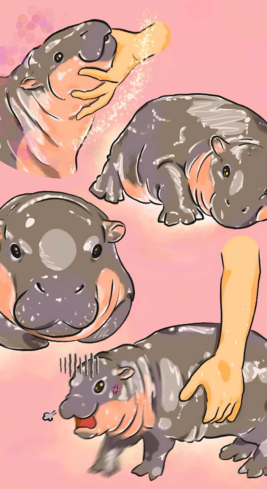 Moo Deng, hippo, soft pink background, Full HD Phone Wallpaper