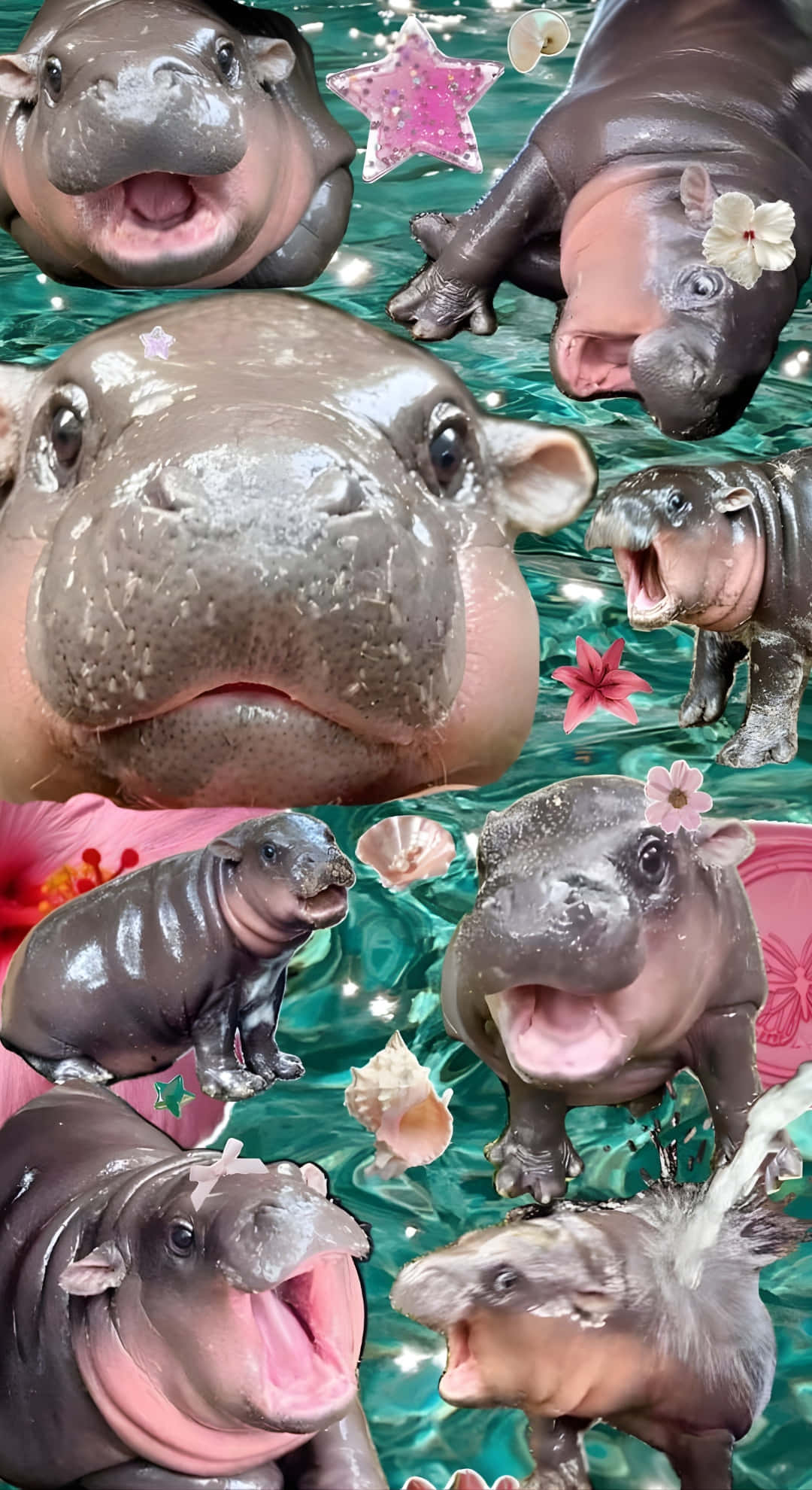 Moo Deng, baby hippo, turquoise water, Full HD Phone Wallpaper