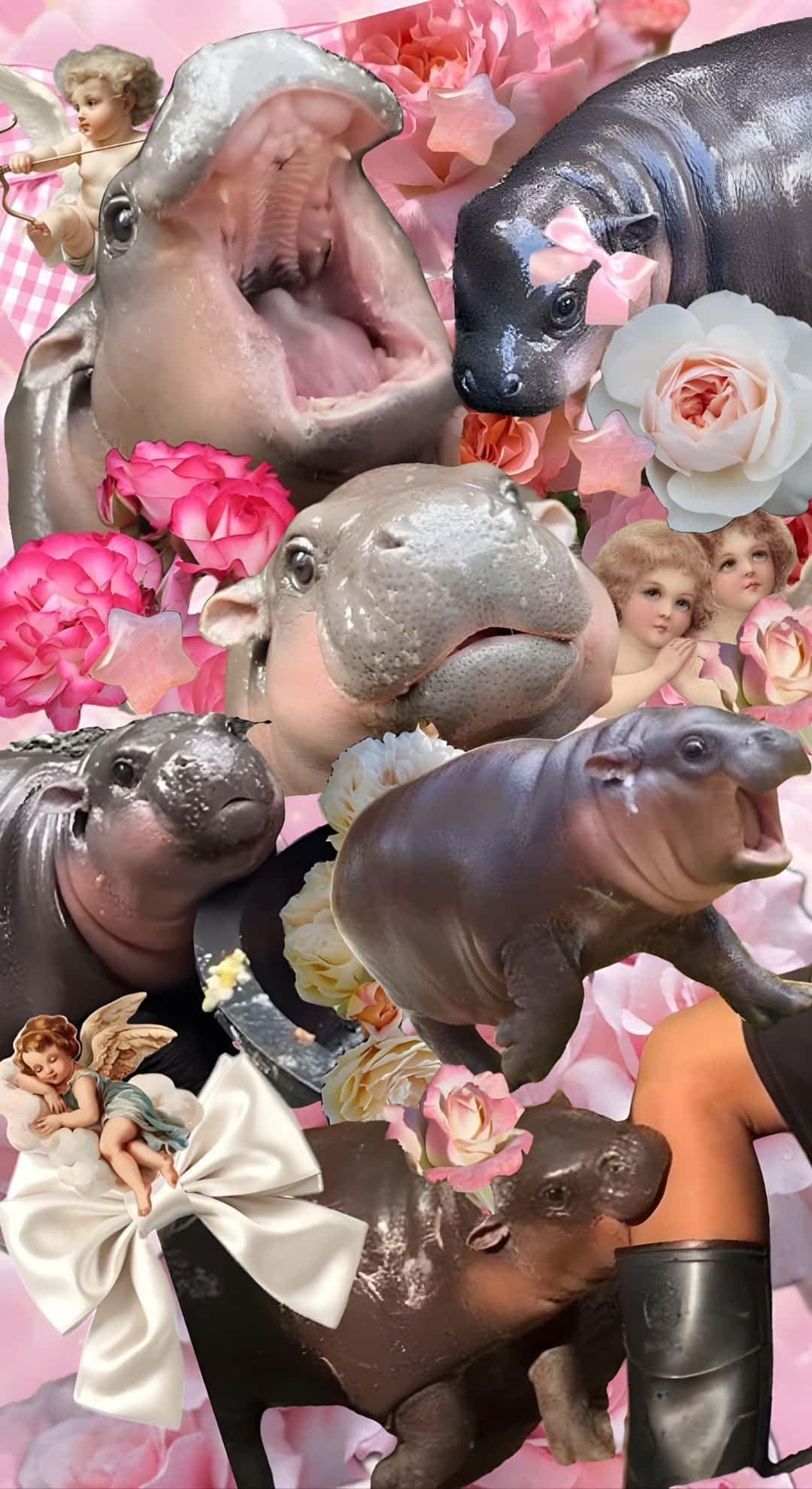 Moo Deng, hippopotamus, cherubic angels, Full HD Phone Wallpaper