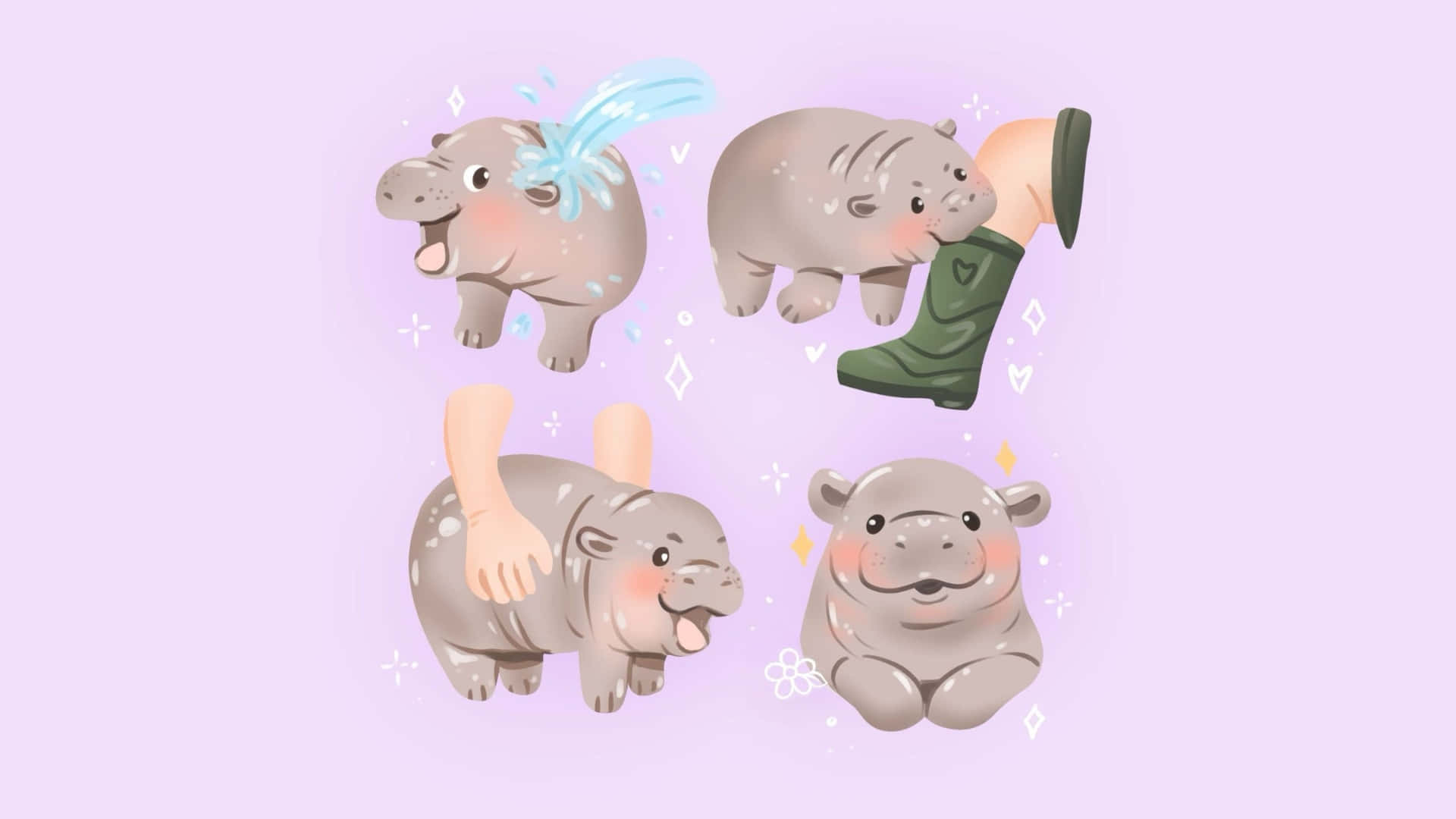 Moo Deng, cartoon hippos, human hands, Full HD Desktop Wallpaper