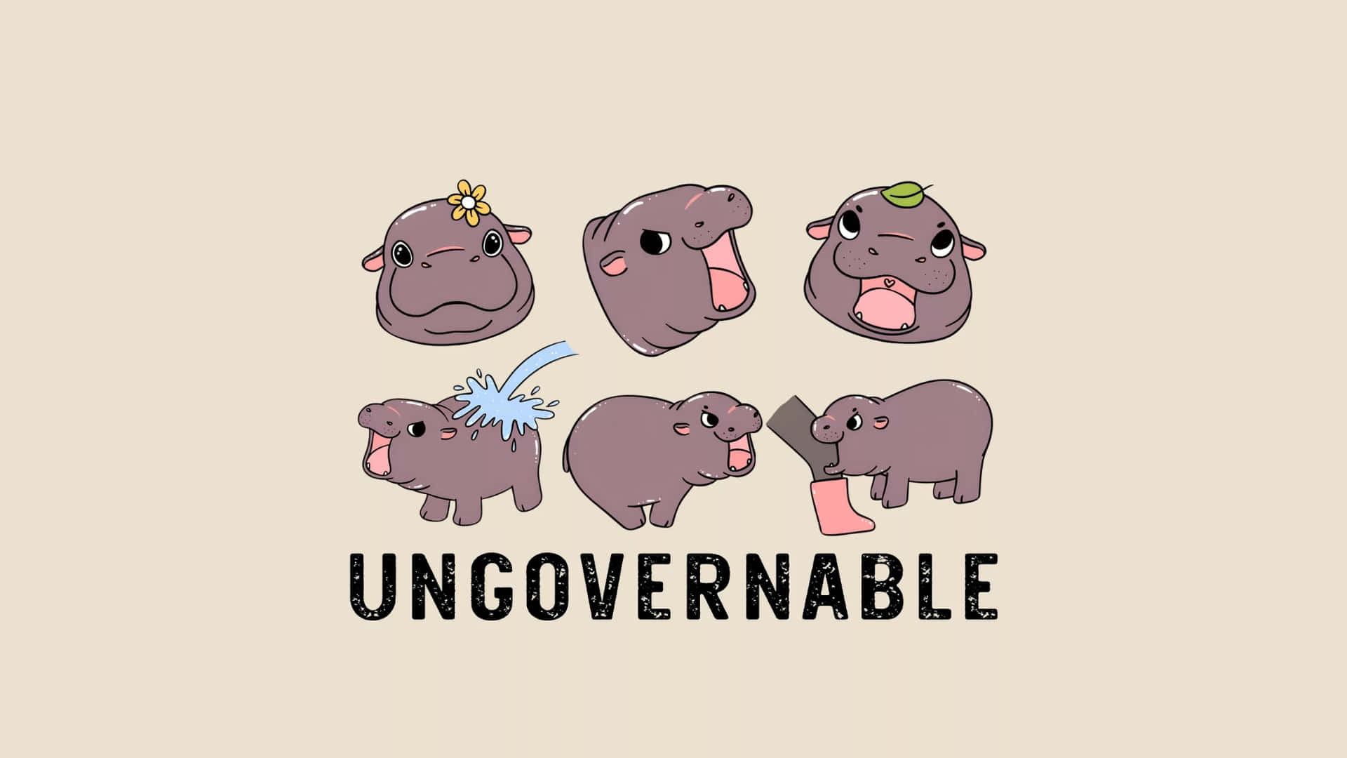Moo Deng, ungovernable expressions, beige background, Full HD Desktop Wallpaper