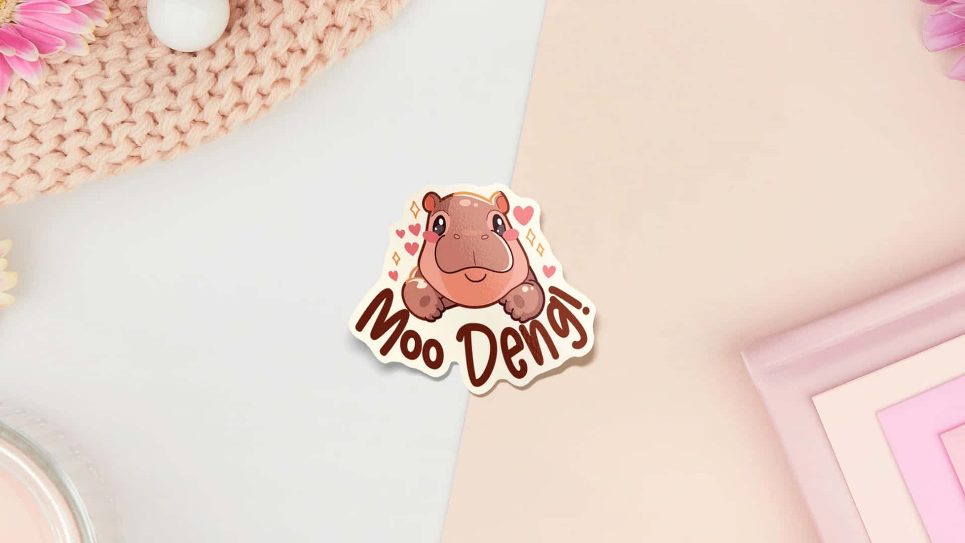 Moo Deng, pastel pink, white, Full HD Desktop Wallpaper