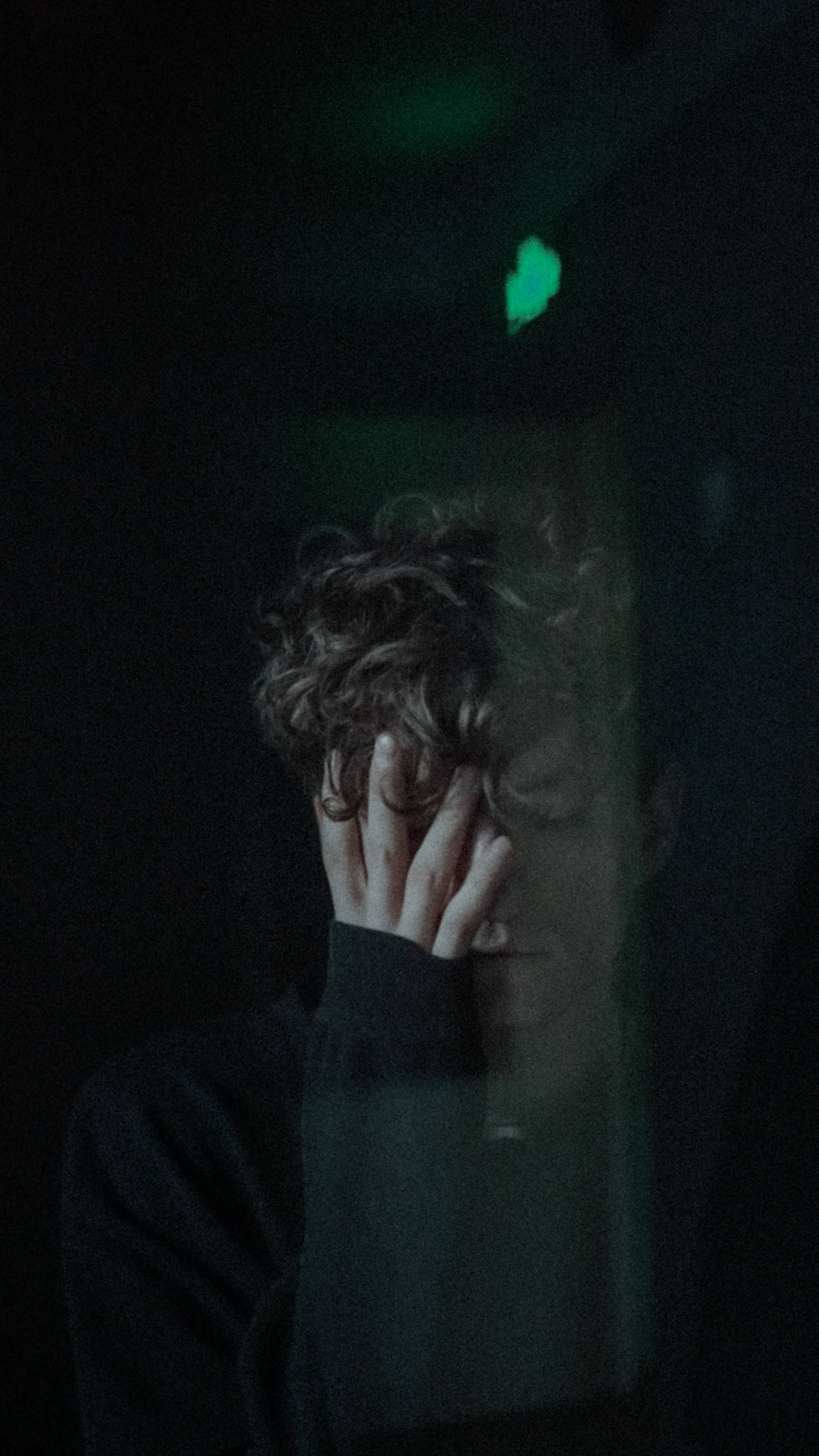 Mood Off, curly hair, dimly lit room, 5K Phone Wallpaper